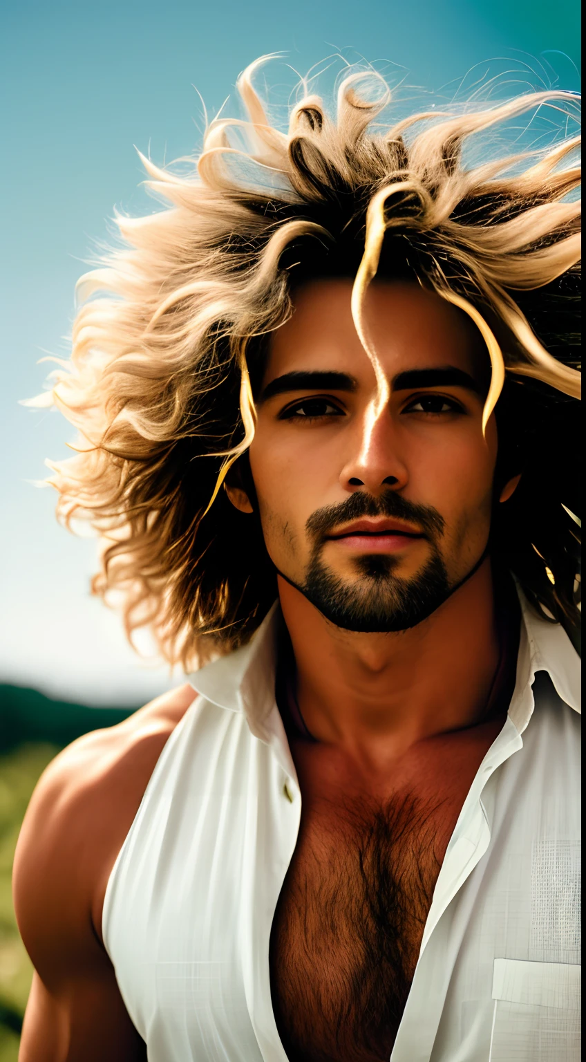 A realistic man, Happy bohemian man insanely handsome and White, Medium windy hair, Comprimento total, Rosto altamente detalhado, background an office, corpo detalhado, altamente detalhado, cores suaves, Pele de Porcelana, elegante, proportion Aurea, imagem de corpo inteiro, cabelos castanhos claros, Medium windy hair, olhos extremamente bonitos verde, cores brilhantes, giving a sense of isolation and introspection, Backlighting, Helios Hasselblad 44-2 58mm F2