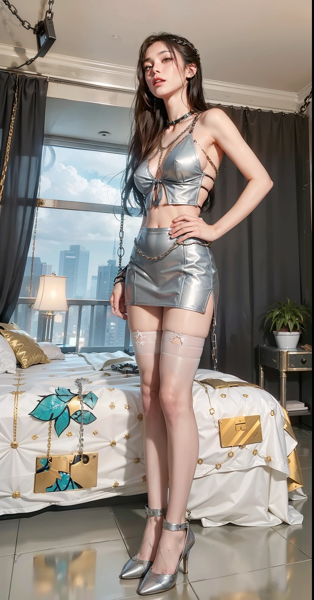 ,((Wearing a torn sheer costume of a superheroine)),(, No bra)), Wet crotch, Wet thighs, Beautiful girl with accentuated slender abs: 1.4, (((nipple tips protruding, areola is protruding, The shape of the pubic region is clearly visible)), sixpack abs: 1.4, Bust Botox, Photo, Sharpness, Unique 850 4, Koda850 k portrait camera, F1.6 shots, Ultra-realistic textures, Spectacular light textures, Cinestil 800 Fashion Mechanics, (futuristic sci-fi battle fashion: 1.1), (tied perfectly by chain), Restraint, Slaves, collars, ((wide prison with sunlight)), Dark fantasy, Realistic material details, extreme hight detail, Ultra-realistic materials ((Torn costume))), Wet, Cloudy, (Chained)), ((big emphasized by chains)), ((chains digging into crotch)), ( (Collar)), (, No bra), shredded costumes, broken golden shields and battle spears,, White combat gloves, Combat shoulder armor, Blood splattered on the face, Blood splattered, Realistic, (Bruises, Dirty, ripped clothing, skimpy clothing, Blood: 1.3),  Torn Cape, Torn pantyhose, Long legs, ((iron pipe in the crotch)), Metallic shackles and fetters, ((chains hung from heaven)), Wet crotch is clearly visible, Swarovski's sword and the anatomy beneath his feet, (futuristic sci-fi battle fashion, Torn mesh stockings),