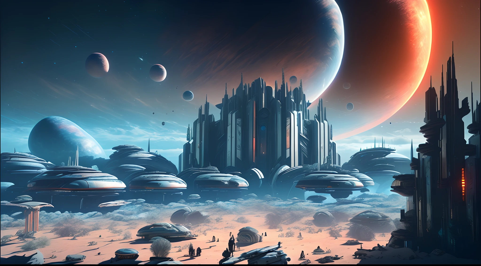 Beautiful woman, planet surface, deep space battle backround, 16k, Highly detailed, blaue orange Beleuchtung,