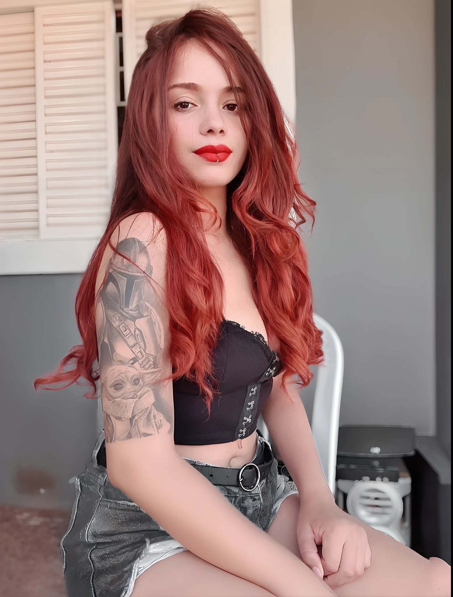 Argada woman with red hair sitting in a chair with a tattoo on her arm, com tatuagens, Coberto, com cabelos ruivos, red hair, cabelos longos vermelhos, cabelos pretos e ruivos, Deusa dos cabelos ruivos, com longos cabelos ruivos, menina do cabelo vermelho, ela tem cabelos ruivos, com cabelos ruivos cacheados, 🤤 retrato da menina, red hair and attractive features