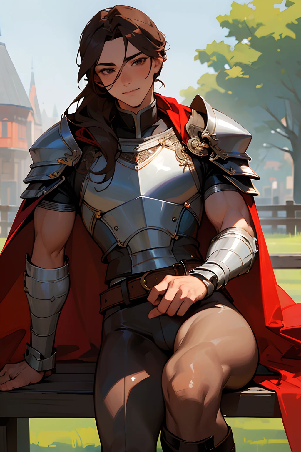 Masterpiece, ultra-high quality, very detailed, trending on ArtStation, 1man, (effeminate), long hair, (brown hair), ((chignon haircut)), looking at viewer, (head tilted slightly upwards), extremely detailed eyes, (brown eyes), blushing slightly, smiling, detailed nose, wearing cape, (red cape), silver knight plate armor, wearing dark brown leather leggings, (groin bulge), ((muscular thighs)), (((detailed leg muscles))), simple black leather laced boots, belt and buckles on waist, actor sitting on a wooden bench, (long sword resting on wooden bench), town square on background, trees on background, blue sky on background, white clouds on background, birds in the distance, sunny ambiance, ambiance light