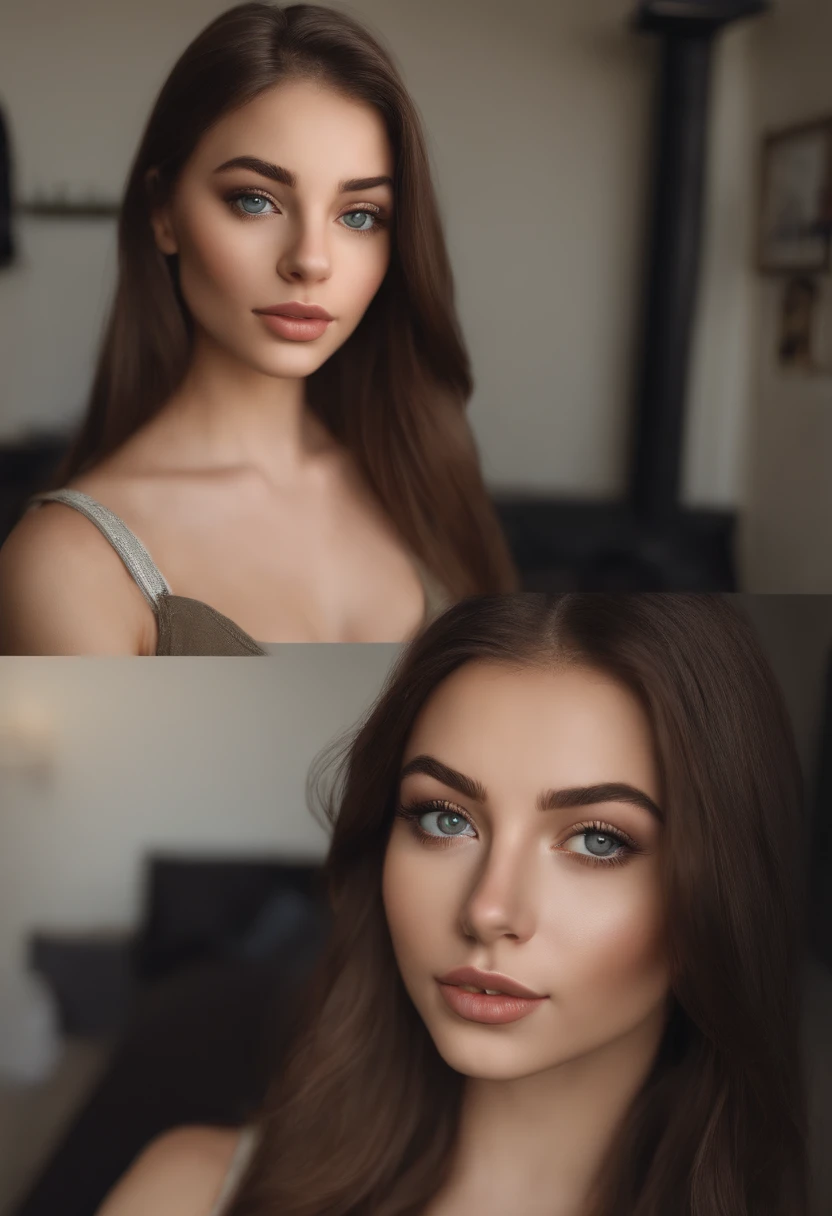 arafed woman fully , sexy girl with green eyes, ultra realistic, meticulously detailed, portrait sophie mudd, brown hair and large eyes, selfie of a young woman, without makeup, natural makeup, lookiNg directly at the camera, SELFI, in bedroom, medium to large size bust
