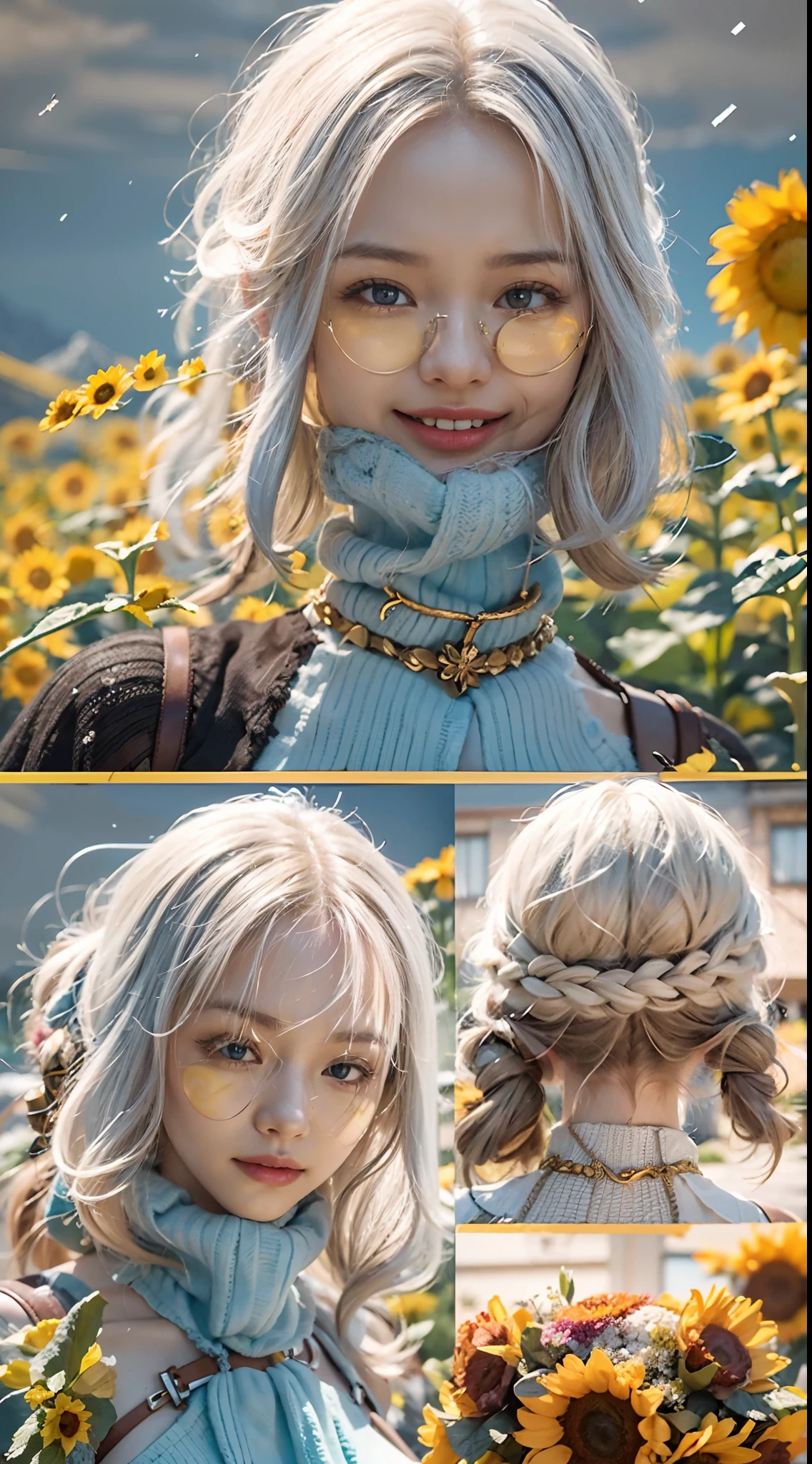 In a very grand scene,The extra-large wide-angle lens captures the appearance of a female centaur。She is a Sunflower Worship nun,Always opposed(Healing emoji smiley face of knitted sunflower puppet😊:99.99)DOA。She is tall,It has the ultimate curvy beauty,The muscles are slender and firm,Beautiful lines。She has(Super huge sky blue eyes:99.99)、always(Wearing sexy glasses:6.66)、(She wears solemn nun attire:9.9)、Stepping on a boot-style skyscraper-heel、A pink cross hangs on his chest。Use Midjourney's advanced tools,Designed for female centaurs(A knitted sunflower puppet and create a super healing cartoon smiley face in the center of the flower tray as a decoration:9.9),and noble and solemn nun costumes,and highlight her unique physiological characteristics and appearance details,Add realism。And in the context of her prayers and listening to confessions,Spectacular views of nature,Such as the sky where storms and sunny days alternate、Brilliant rivers of stars and auroras、The snow-capped summit of Mount Everest、Fireworks in the mountain town, etc。ao mesmo tempo,Away from the hustle and bustle next to the chapel,Create a fantastic scene。Use Midjourney's advanced tools and multiple color palettes、Brush Strokes、Texture tools and model packages,It shows a sense of atmosphere where beauty and charm coexist。The charm of the female centaur is highlighted through color and lines,Enhance realism with detailing,Create a surreal dreamy feeling。Additionally,Use Midjourney's tools to add various exorcism props and books to the female centaur、pergaminhos,Create intricate hairstyles and outfits,Give her a sense of premium。She never flinches,No matter what monster you encounter,can respond quickly,Even the most extreme armies of natural disasters and monsters could not stop her and her front(Sunflower with Tyndall effect that emits sunlight9.99)。Use Midjourney's powerful tools,You can do it with incredible detail and beauty,Bring this ultra-grand and beautiful scene to life。Ultra-grand sc