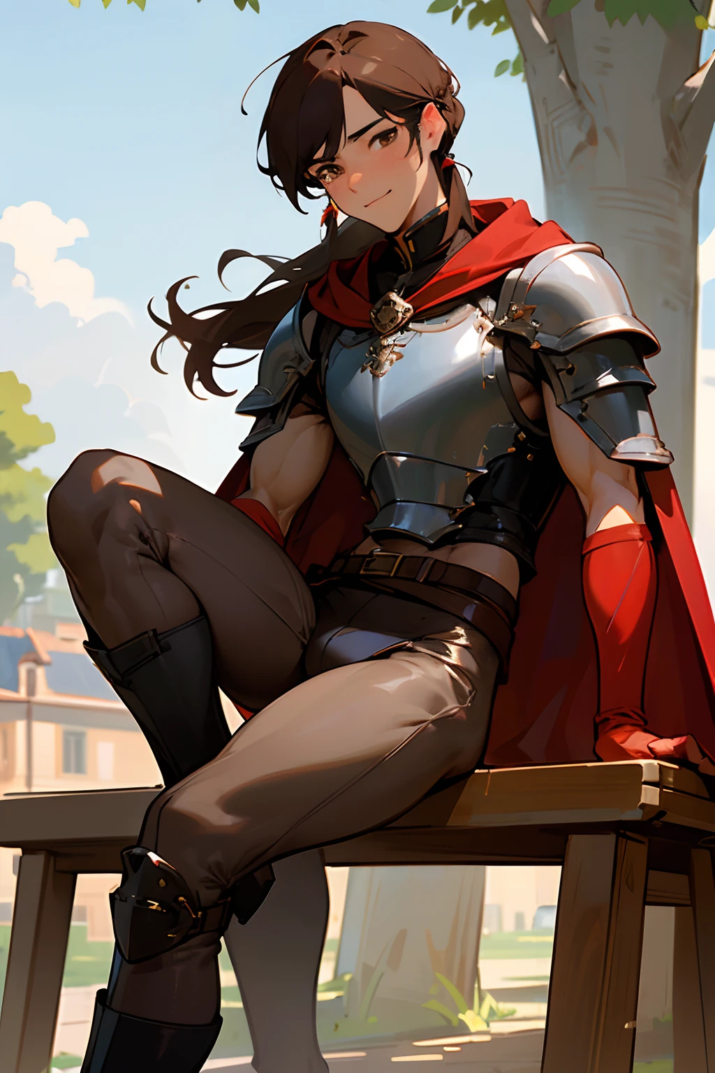 Masterpiece, ultra-high quality, very detailed, trending on ArtStation, 1man, (effeminate), long hair, (brown hair), ((chignon haircut)), looking at viewer, (head tilted slightly upwards), extremely detailed eyes, (brown eyes), blushing slightly, smiling, detailed nose, wearing cape, (red cape), silver knight plate armor, wearing dark brown leather leggings, (groin bulge), ((muscular thighs)), (((detailed leg muscles))), simple black leather laced boots, belt and buckles on waist, actor sitting on a wooden bench, (long sword resting on wooden bench), town square on background, trees on background, blue sky on background, white clouds on background, birds in the distance, sunny ambiance, ambiance light