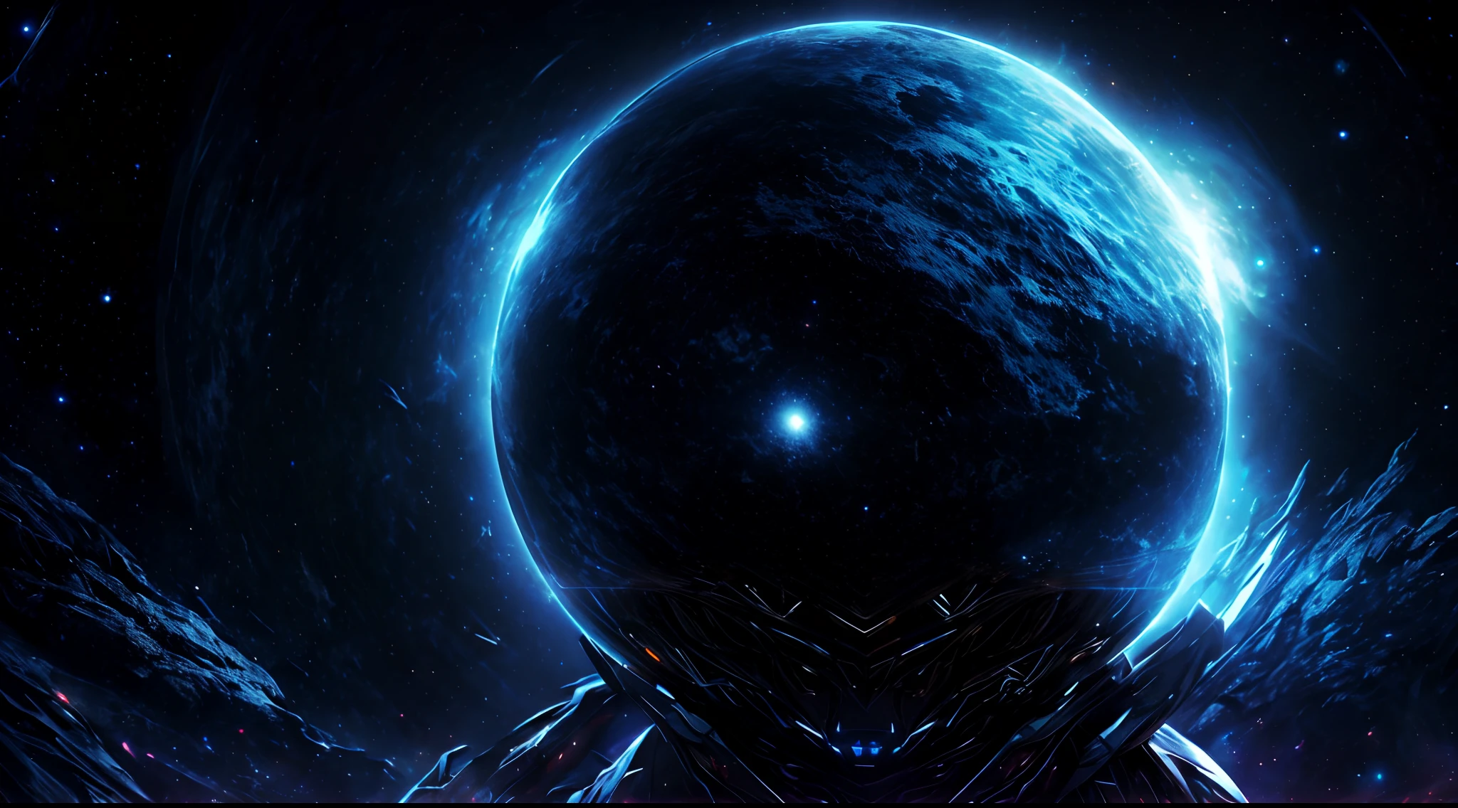 Beautiful woman, planet surface, deep space battle backround, 16k, Highly detailed, blaue orange Beleuchtung,
