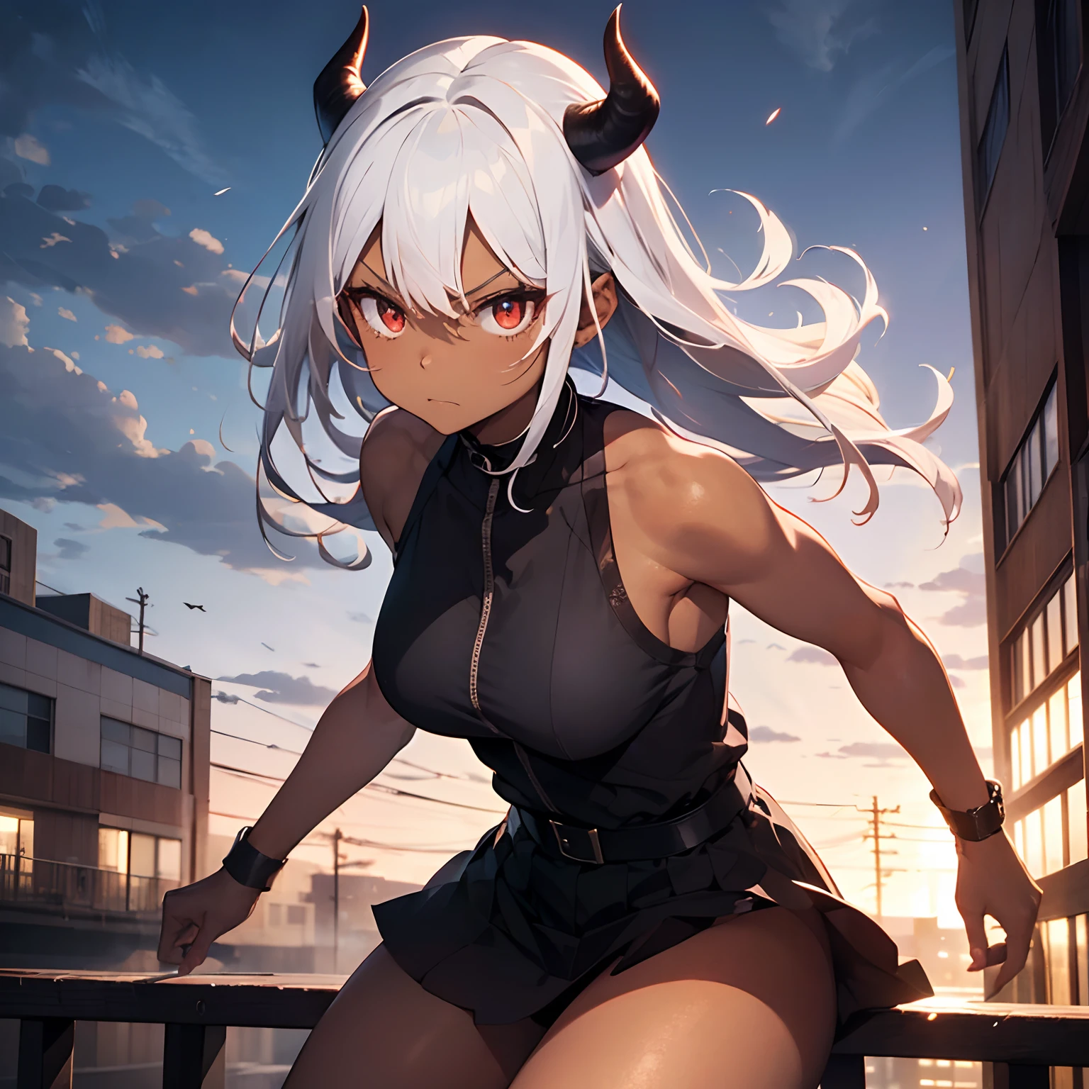 woman with white hair and some red strands fighting on top of a building, katana in hand, demon, tanned, dark skin, powerful katana, demon horns, menacing look, serious face, (best quality), (masterpiece),