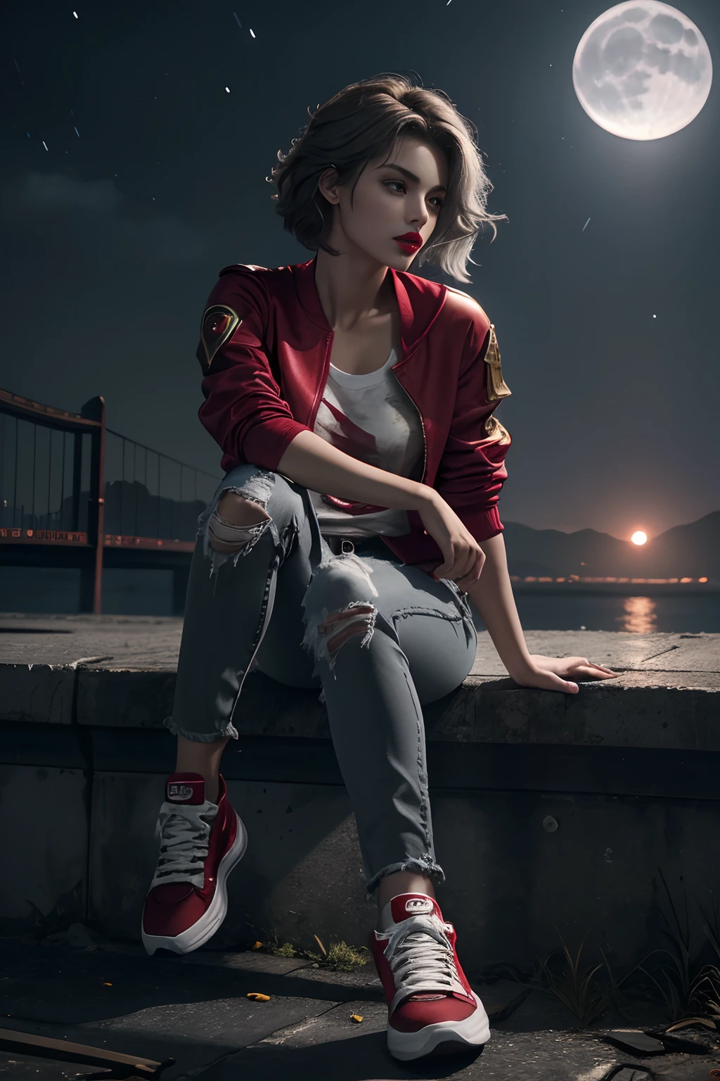 (Sci-fi fantasy), (Masterpiece), (professional oil painting) (best quality), (8k resolution), (1 beautiful girl), ((pale gray skin)), (iron gray skin), ((jeans clothes)),(red jacket)), ((sexy red t-shirt ), ((red lipstick)), ((black sneakers)), (comcept art), huge chest, (short hair), (messy hair), ( gold hair), (iron gray hair), (ammunition), ((moonlight of the night)), (sitting thinking)), beautiful face, goddess face, lonely, white owel on her shoulder,
