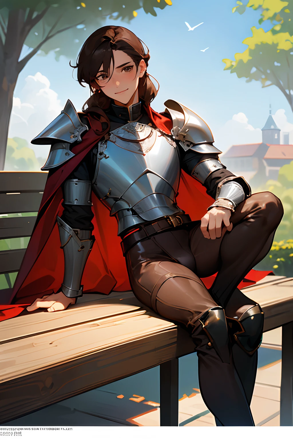 Masterpiece, ultra-high quality, very detailed, trending on ArtStation, 1man, (effeminate), long hair, (brown hair), ((chignon haircut)), looking at viewer, (head tilted slightly upwards), extremely detailed eyes, (brown eyes), blushing slightly, smiling, detailed nose, wearing cape, (red cape), silver knight plate armor, wearing dark brown leather leggings, (groin bulge), ((muscular thighs)), (((detailed leg muscles))), simple black leather laced boots, belt and buckles on waist, actor sitting on a wooden bench, (long sword resting on wooden bench), town square on background, trees on background, blue sky on background, white clouds on background, birds in the distance, sunny ambiance, ambiance light