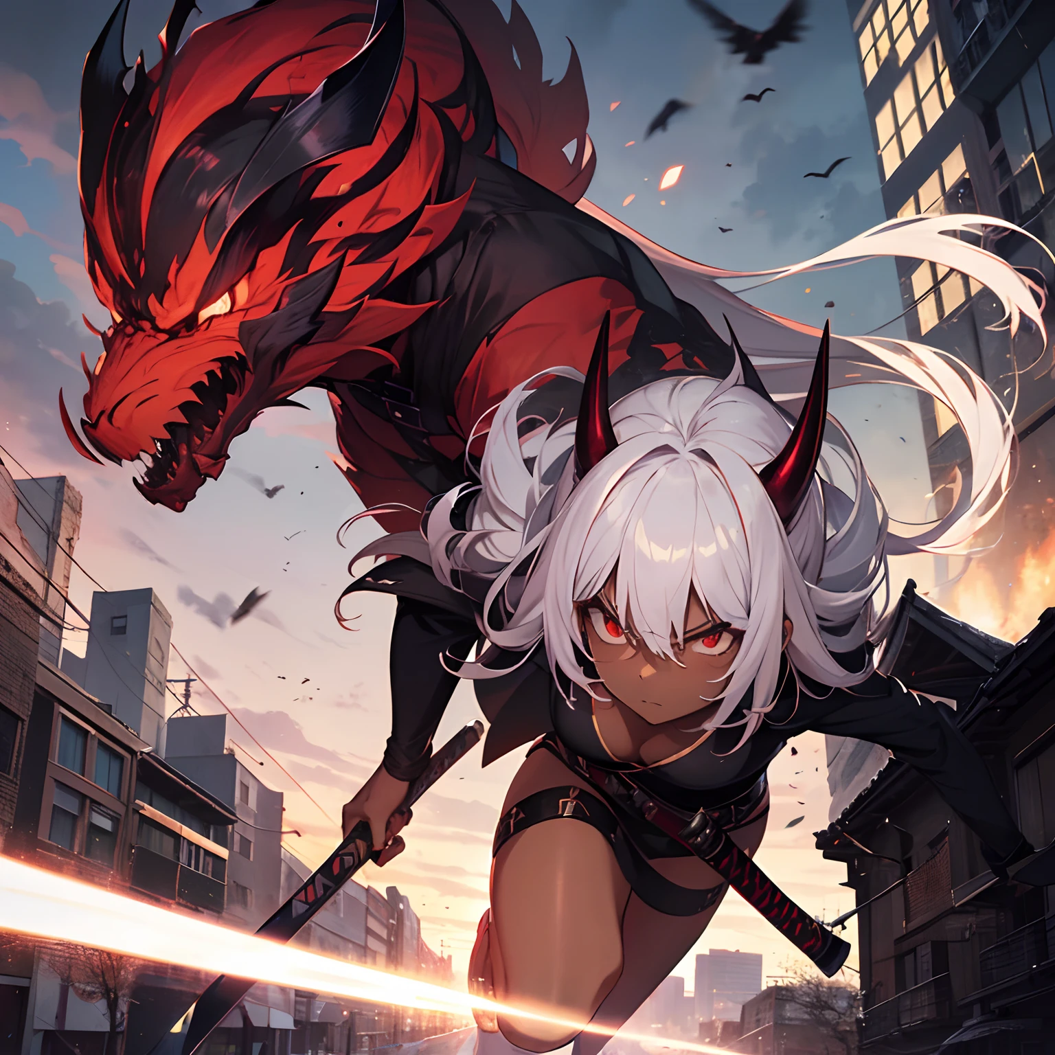 woman with white hair and some red strands fighting on top of a building, katana in hand, demon, tanned, dark skin, powerful katana, demon horns, menacing look, serious face, (best quality), (masterpiece),