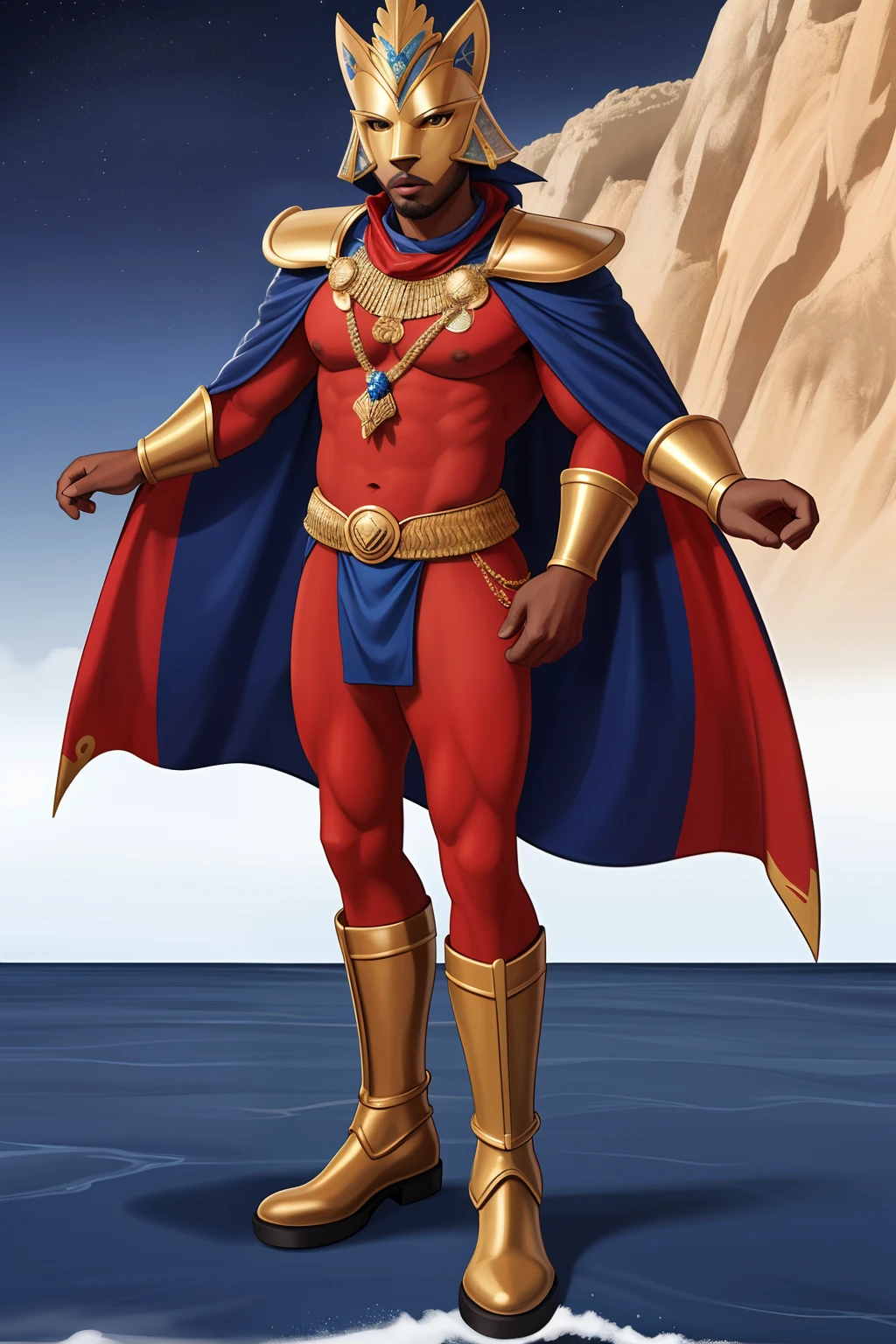 Costume Description : Captain Cape Verde wears an outrageous costume that is a true expression of his pride in the island nation of Cape Verde. His costume is an impressive combination of traditional and modern elements, todos projetados para honrar a cultura e a beleza do,Cores Vibrantes : The costume is composed of vibrant cores that represent the flag of Cape Verde. The main part of the route is a combination of deep blue, branco puro e vermelho intenso, lembrando as faixas da bandeira. These nuclei intertwined harmoniously throughout the course,Iconic Cover : Captain Cape Verde wears a long, flowing cape reminiscent of the vastness of the ocean that surrounds the Cape Verde Islands. The cover is predominantly blue, com detalhes brancos que lembram as ondas do mar,Emblema de 10 Estrelas : No peito do traje, encontra-se um emblema com 10 estrelas estendidas, representando as 10 principais ilhas de Cabo Verde. Each star is unique and sparkling, as if they were constellations on a starry night,tribal mask : Captain Cape Verde wears a face mask that incorporates tribal elements of Cape Verdean culture. The mask is carved with traditional motifs reminiscent of the indigenous art of the islands.Botas altas e luvas : Their boots are tall and made of sturdy leather, while his gloves are red, adding a touch of audacity to the costume,Cinto com um pingente de Mapa : O personagem usa um cinto largo adornado com um pingente de ouro que representa um mapa das ilhas de Cabo Verde. This symbolizes its deep connection with the geography of the country