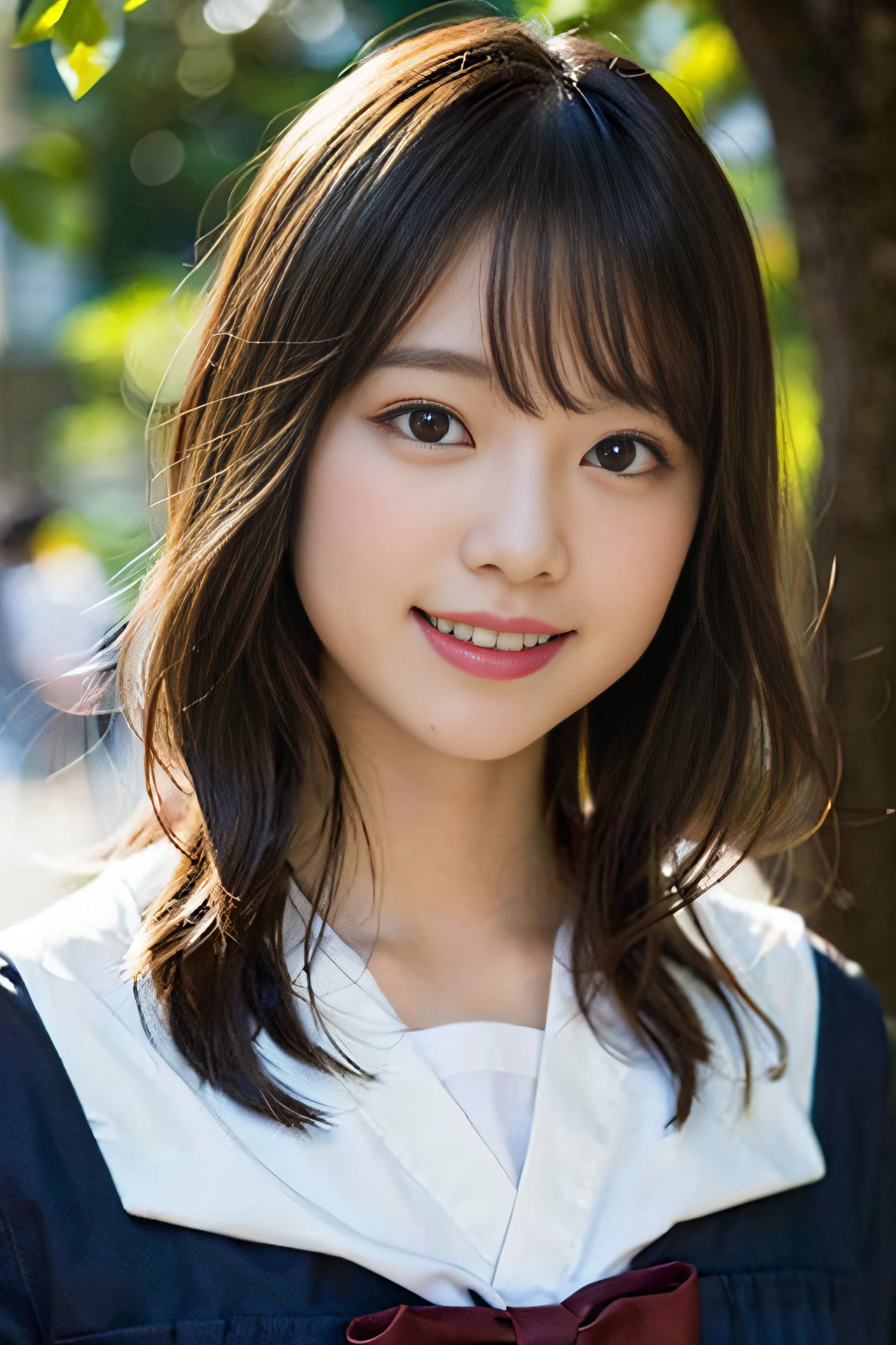 (8K、Raw photography、top-quality、masterpiece:1.2)、(realisitic、Photorealsitic:1.37)、ultra-detailliert、超A high resolution、女の子1人、see the beholder、beautifull detailed face、A smile、Constriction、(Slim waist) :1.3)、Beautiful detailed skin、Skin Texture、Floating hair、Professional Lighting、Whole human body、Longhaire、a blond、japanese hight school uniform、a sailor suit、School entrance、、Bob Hair、E-cup、Happy smile、sixteen years old、Red ribbons、a baby face