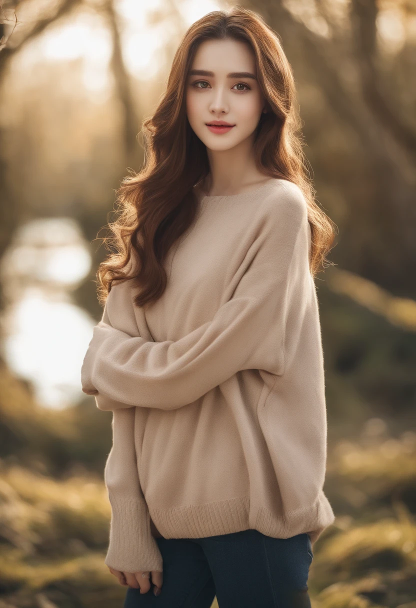 There's a -yeld giwith long hair and a sweater posing for a photo, dilraba dilmurat, Cara blanca perfecta ), girl portrait, Ella tiene una cara linda, Chica de anime en la vida real, brown hair and large eyes, chica linda-fina-cara, Hermosa Delphine, cara extremadamente hermosa, Anime fotorrealista, hermosos ojos enormes, imagen filtrada