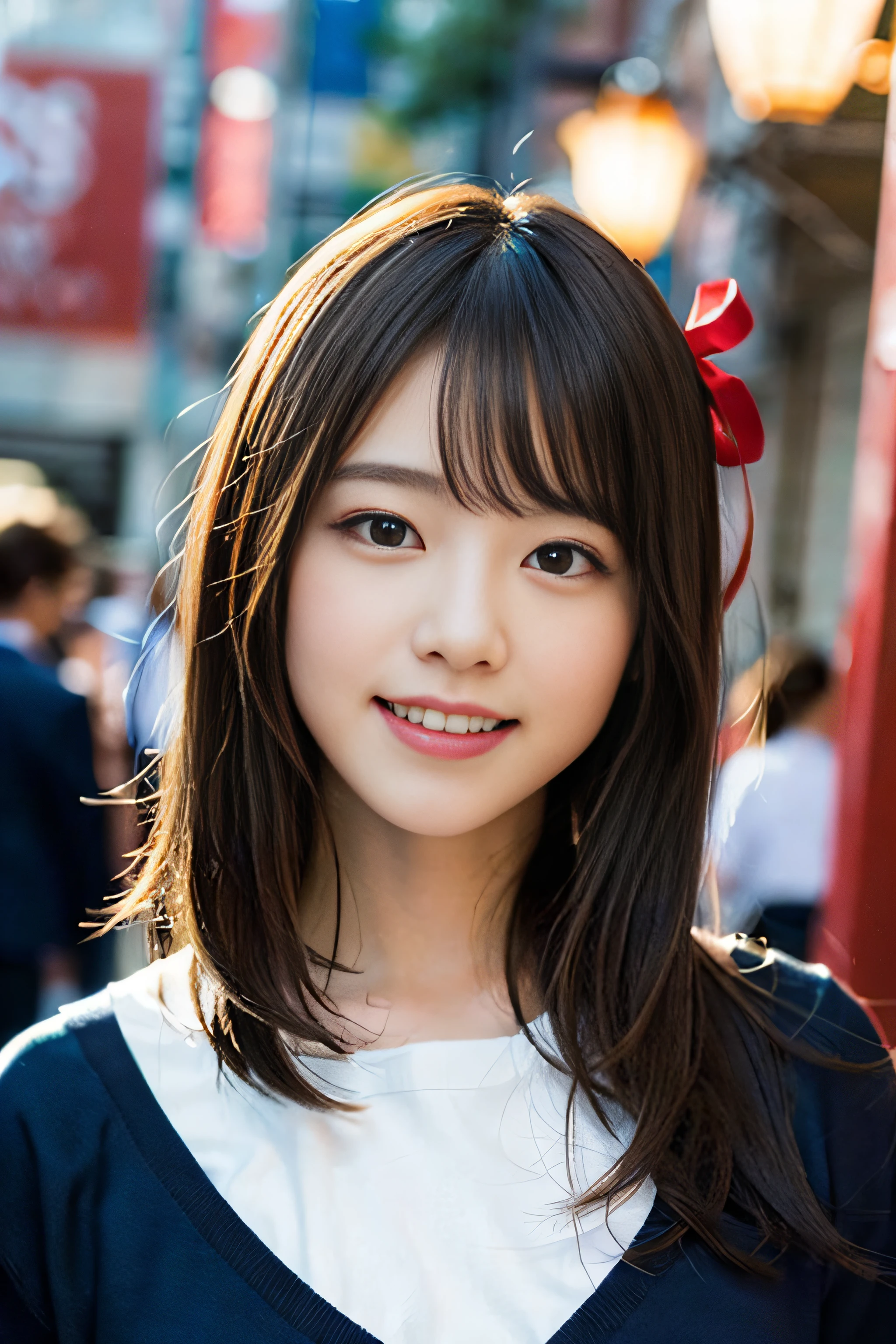 (8K、Raw photography、top-quality、masterpiece:1.2)、(realisitic、Photorealsitic:1.37)、ultra-detailliert、超A high resolution、女の子1人、see the beholder、beautifull detailed face、A smile、Constriction、(Slim waist) :1.3)、Beautiful detailed skin、Skin Texture、Floating hair、Professional Lighting、Whole human body、Longhaire、a blond、japanese hight school uniform、a sailor suit、School entrance、、Bob Hair、E-cup、Happy smile、、Red ribbons、a baby face