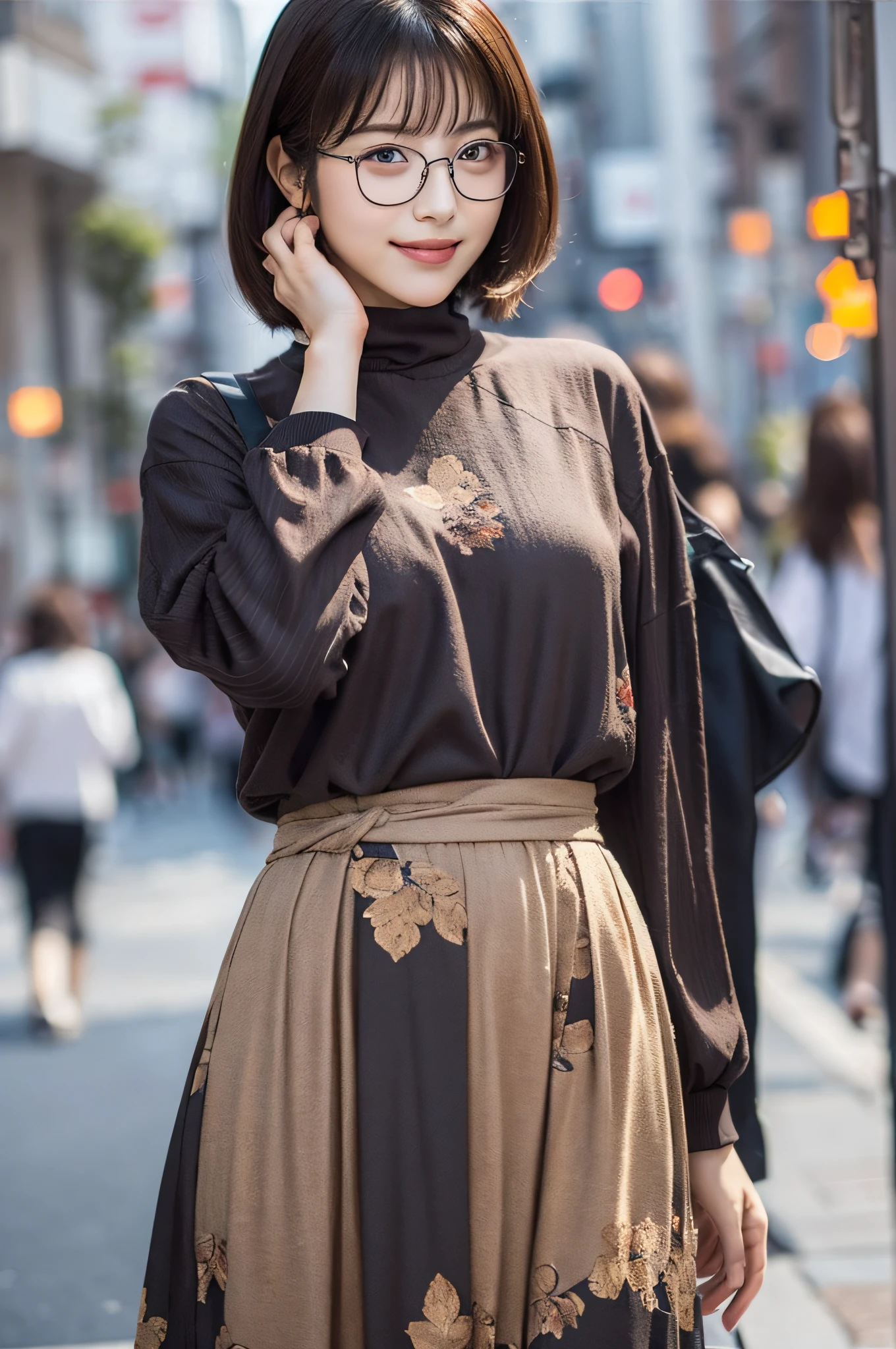 (8K、Raw photography、top-quality、masterpiece:1.2)、(realisitic、Photorealsitic:1.37)、ultra-detailliert、超A high resolution、1人、see the beholder、beautifull detailed face、A smile、Constriction、(Slim waist) :1.3)、Autumn clothes、Beautiful detailed skin、Skin Texture、Floating hair、Professional Lighting、Osaka、Square glasses with black rimming、Whole human body、Brown hair