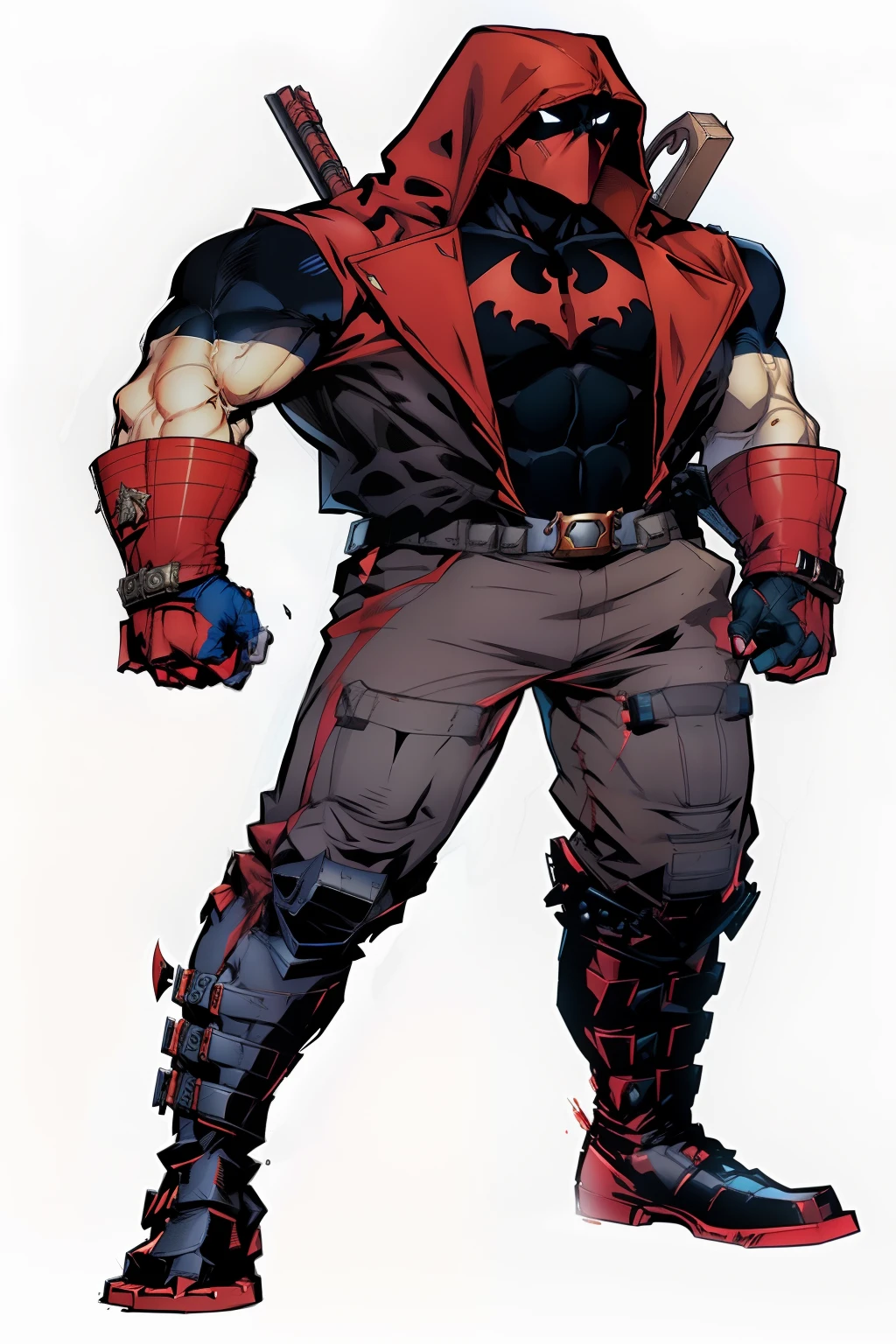 Red Hood thinking wistfully. Red Hood is sitting on a stone gargoyle dragon stone in one of the tallest buildings. Dragon stone gargoyle holds a clock with hands.