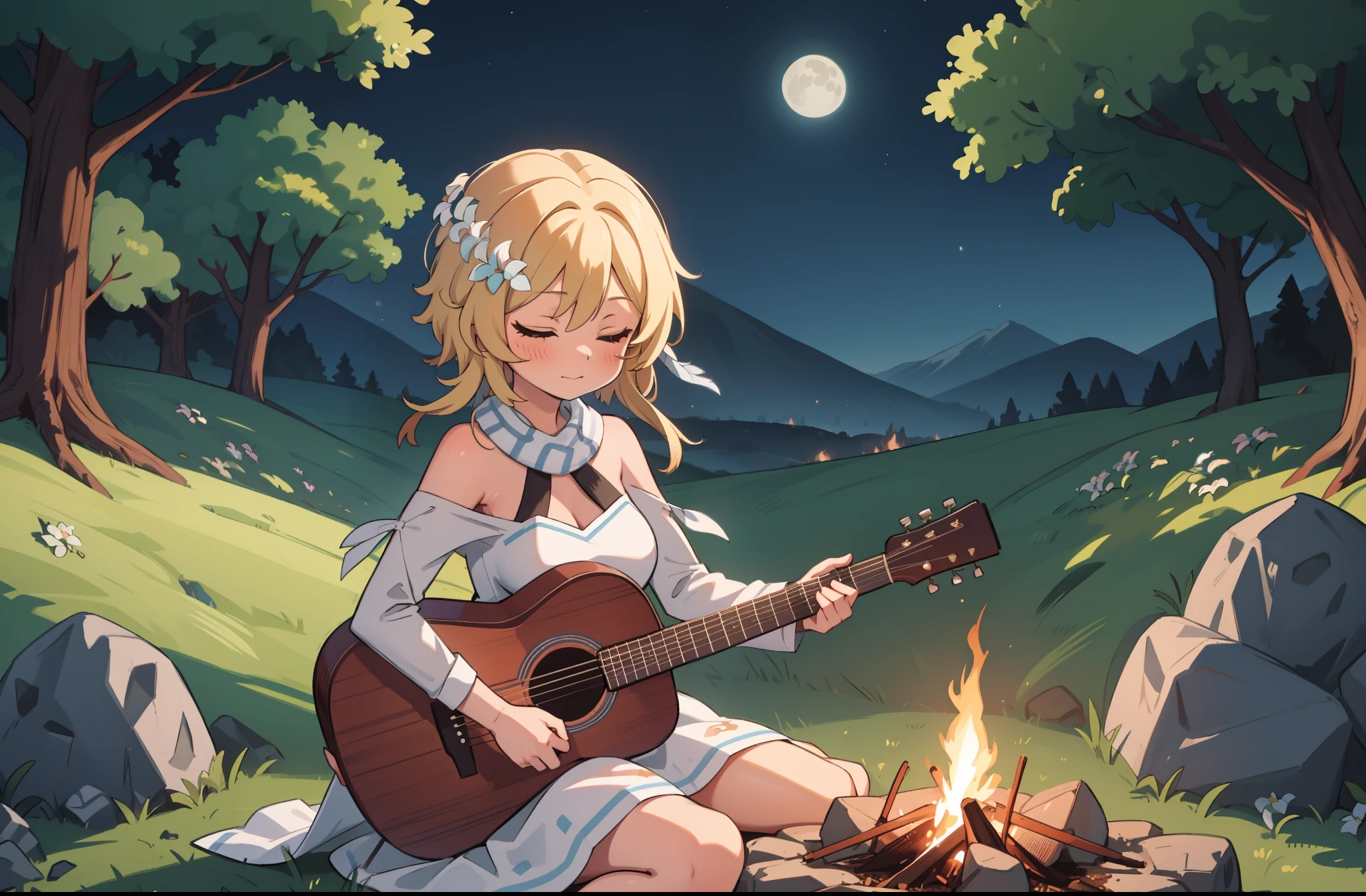(solo girl) (playing acoustic guitar, forest), (white off-shoulder sundress), eyes closed, trees, mountains, grass, rocks, sitting, outdoors, (campfire), night, alone, moon