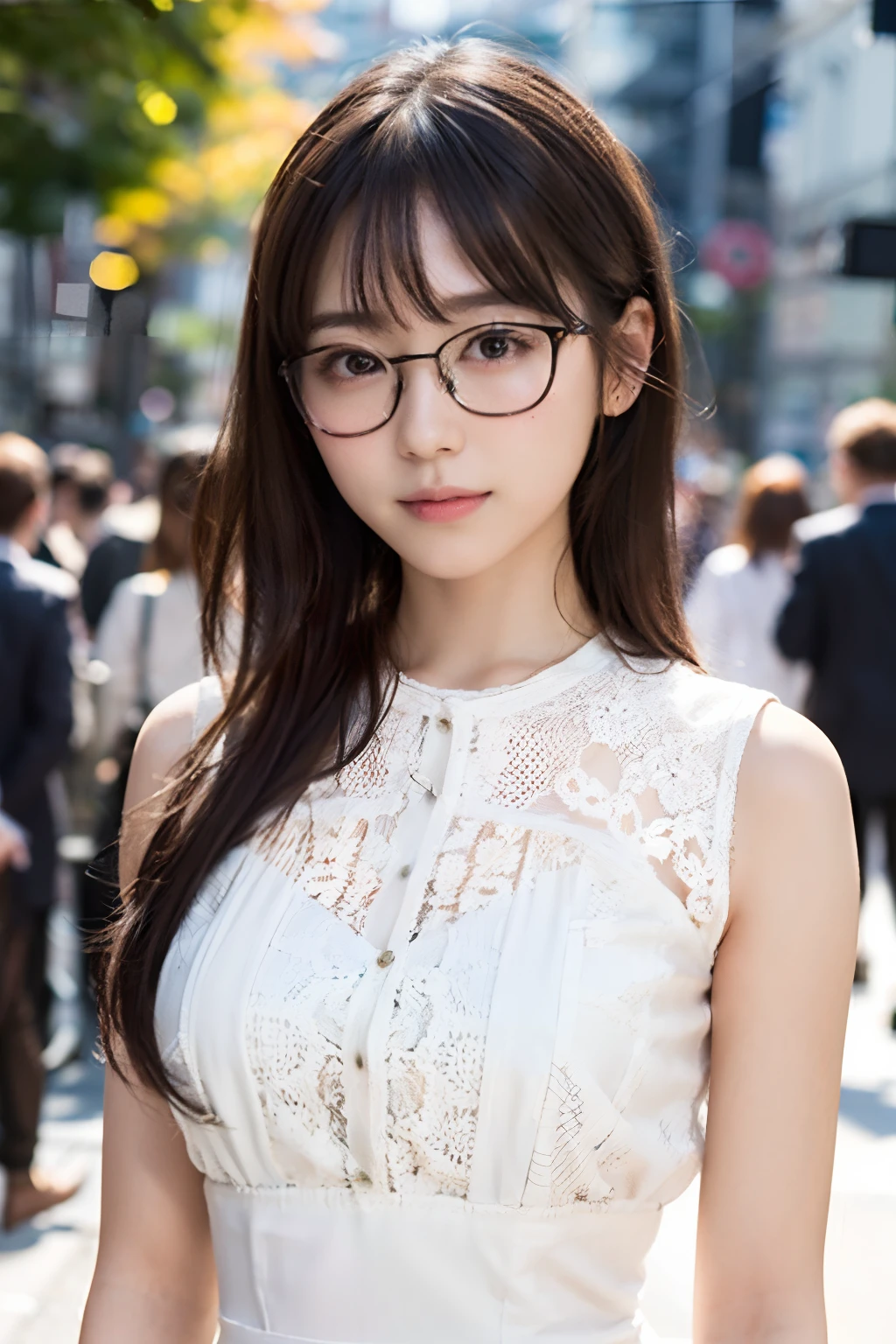 (8K、Raw photography、top-quality、​masterpiece:1.2)、(realisitic、Photorealsitic:1.37)、ultra-detailliert、超A high resolution、 1 人、29yo、see the beholder、beautifull detailed face、Smile、Constriction、(Slim waist) :1.3)、Beautiful detailed skin、Skin Texture、well-shaped breasts、Floating hair、Hair bunched into one、(white  clothes:1.4)、Professional Lighting、Autumn afternoon、In the street、(((Black square glasses )))、The whole body、brown haired、((Shameful appearance))、