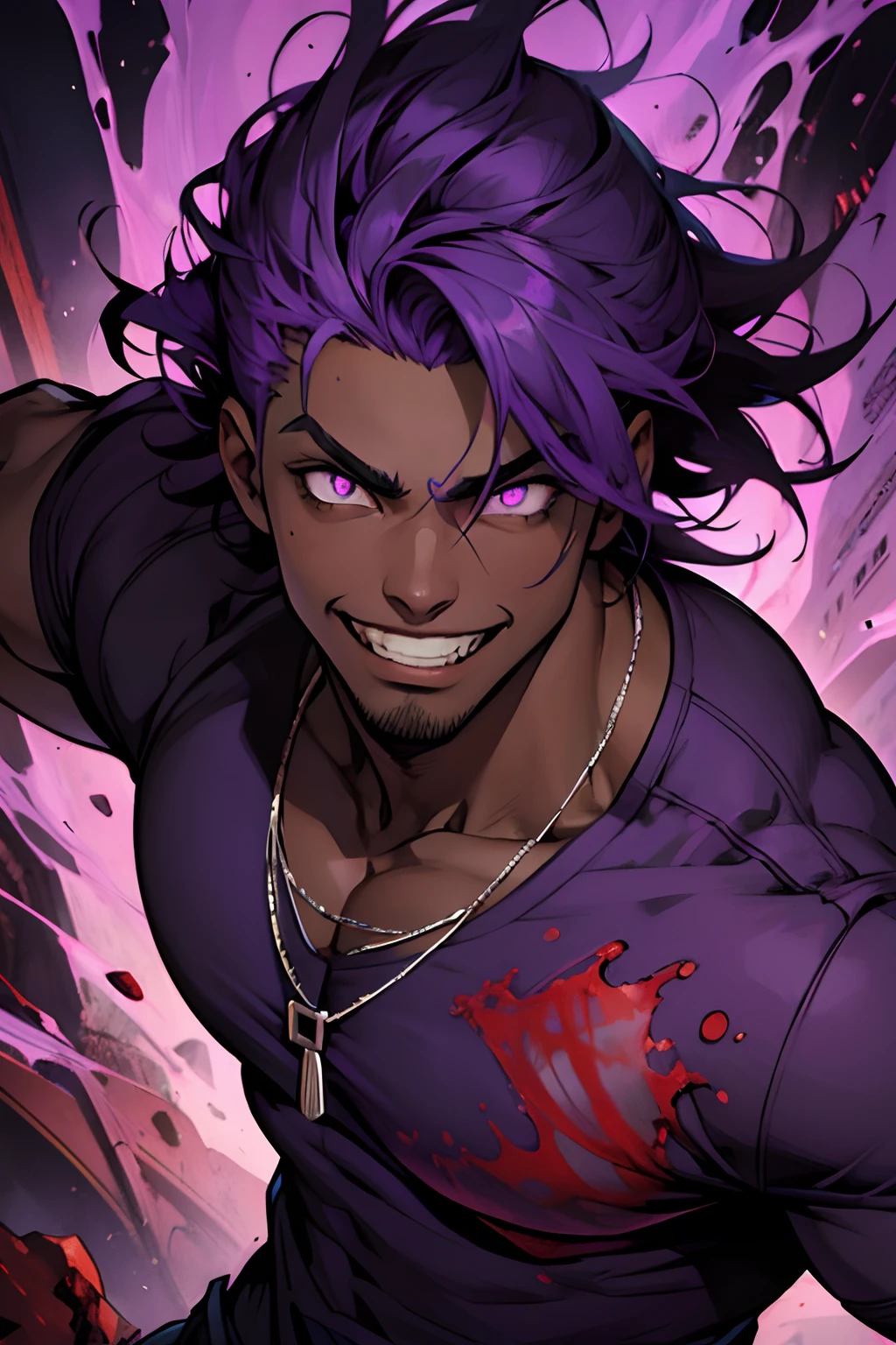 black young man, negro, messy hair, purple hair, purple shirt, lindo, crazy face, blood, BLOOD, crazy smile, purple eyes, evil eyes, psicopath, sea blood, blood, blood, jojo pose
