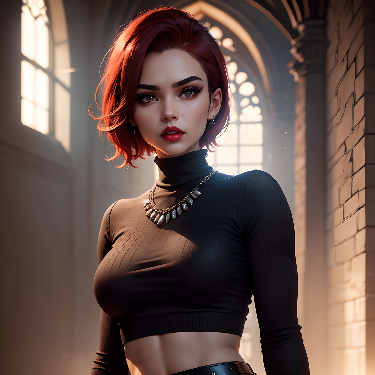 Half body portrait of a photorealistic beautiful woman,Gang leader, short red hair, sensual body , Black turtleneck sweater, white pants, indian necklace, background beautiful church ,gt500 cunning look, rough look, cinematic, 6d cannon, octane rendering, aesthetics, mysterious aura, dark atmosphere, detailed face, mysterious aura, glowing skin, intense brown eyes, arched eye brows, makeup, full lips, dark red lipstick
