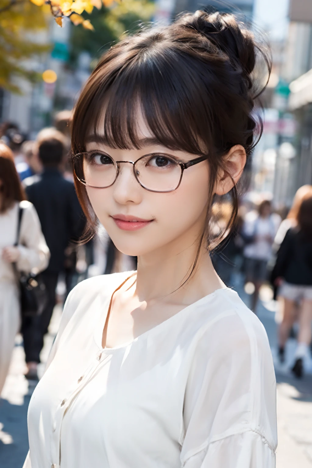 (8K、Raw photography、top-quality、masterpiece:1.2)、(realisitic、Photorealsitic:1.37)、ultra-detailliert、超A high resolution、 1 人、29yo、see the beholder、beautifull detailed face、Smile、Constriction、(Slim waist) :1.3)、Beautiful detailed skin、Skin Texture、well-shaped breasts、Floating hair、Hair bunched into one、(white clothes:1.4)、Professional Lighting、Autumn afternoon、In the street、(((Black square glasses )))、The whole body、brown haired、((Shameful appearance))、