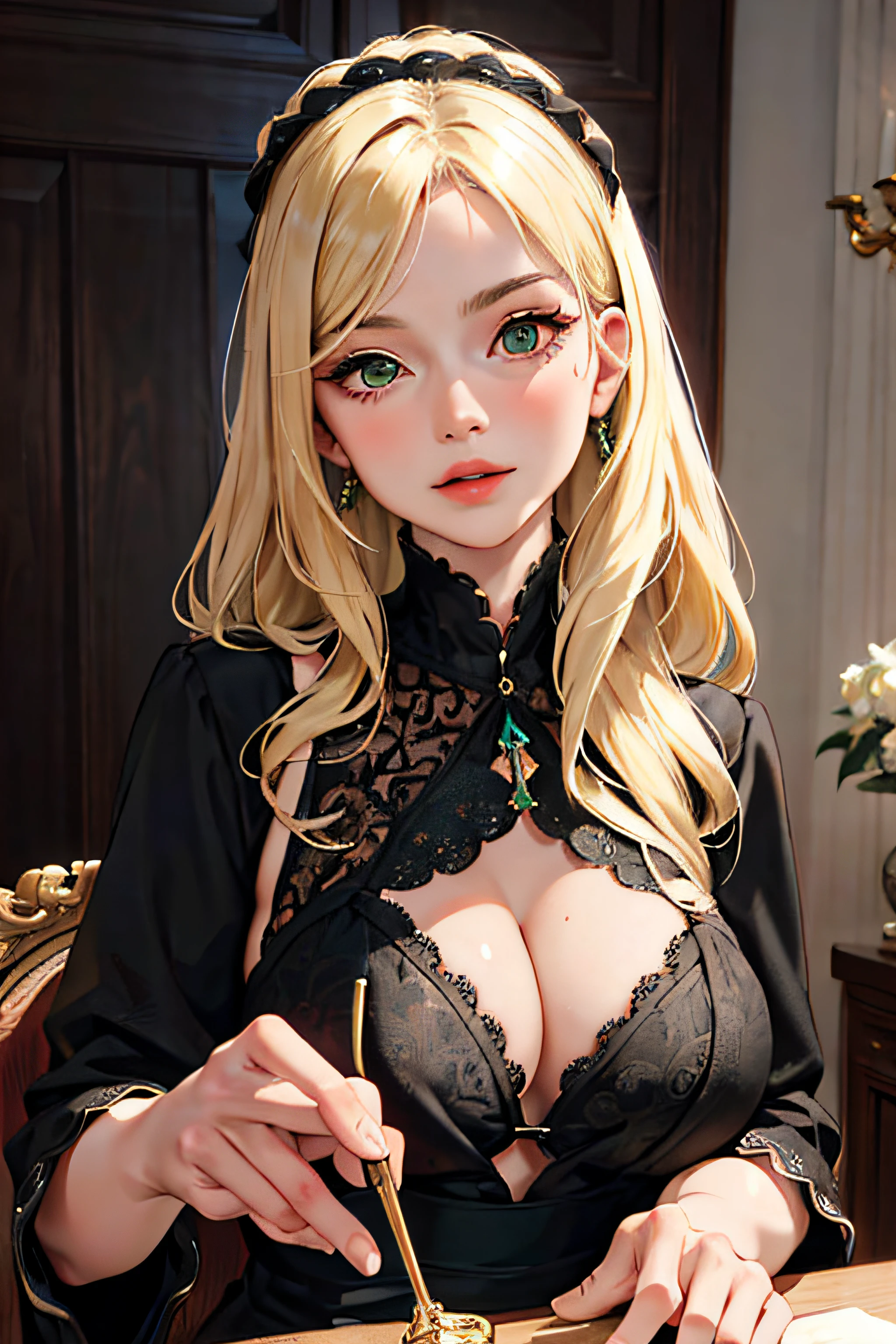 (masterpiece:1.2, best quality), (real picture, intricate details), solo, 1milf, home, close-up face, black dress, (front focus), Looking at me, long blonde hair, green eyes