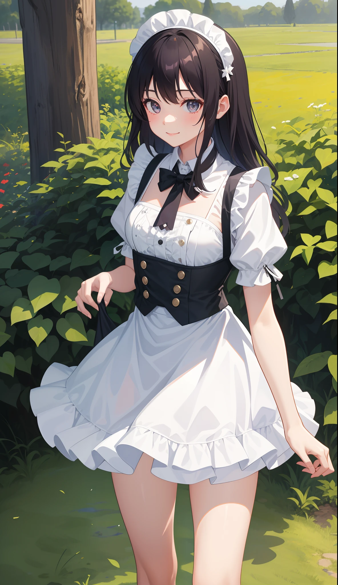 tree, bush, white gloves, gloves, nature, forest, grass, outdoors, foliage, 1girl, park, day, golf club, skirt, thighhighs, hat, sky, lamppost, plant, white legwear, blue sky, smile, solo, breasts, palm tree, garden, under tree, long hair, short sleeves, pine tree, looking at viewer, against tree, bangs, jungle, shirt, tree shade, fence, pleated skirt, path, baseball cap, cloud, branch, hair bun, road, blush, on grass, white shirt