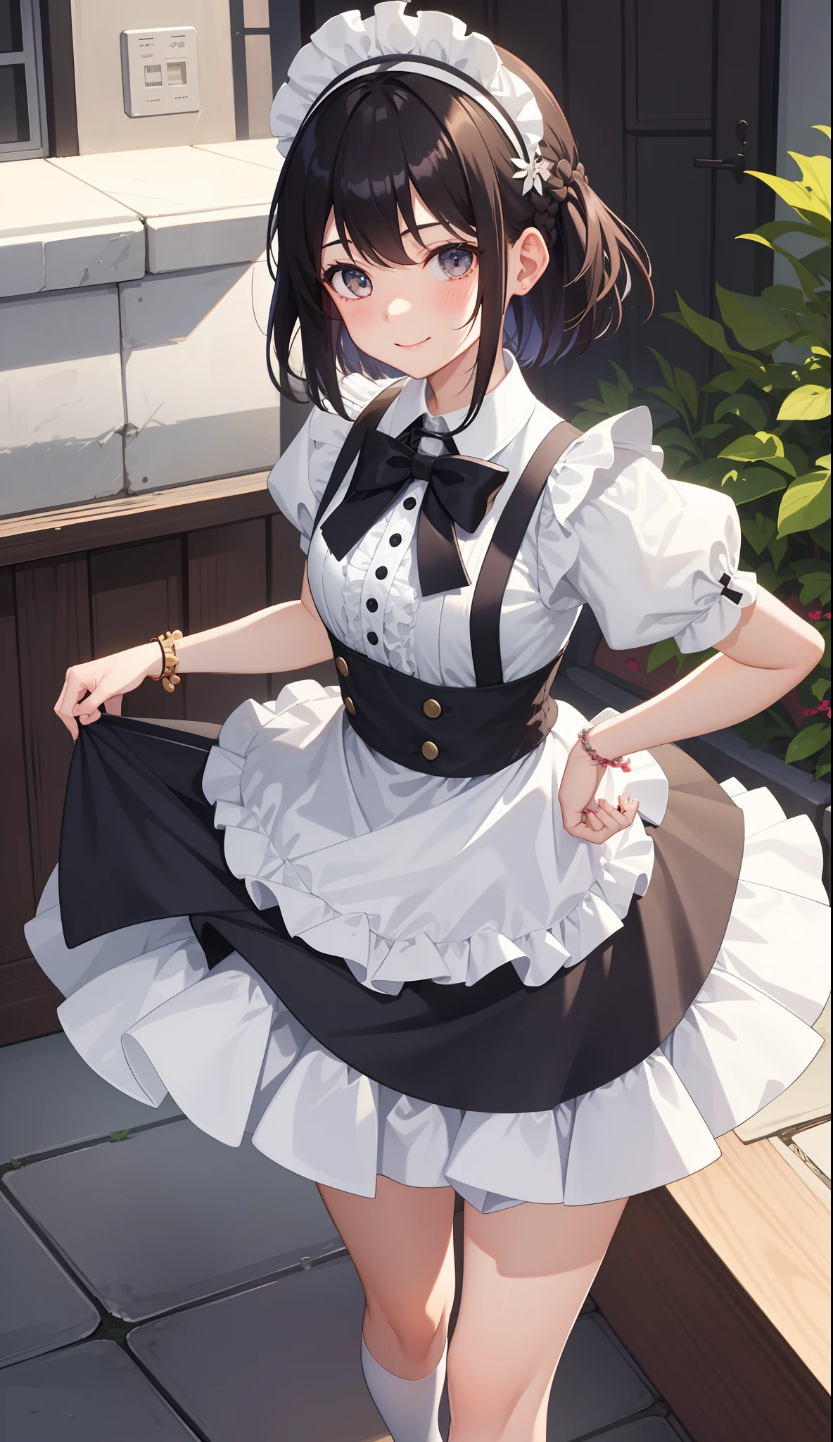 1girl in、AS-Adult、A smile、The shirt、Ultra mini skirt、pantiy、(small tits)、doress、pinafore、Hair decoration、(Maid costume)、Walking with a thigh、Upper body portrait、