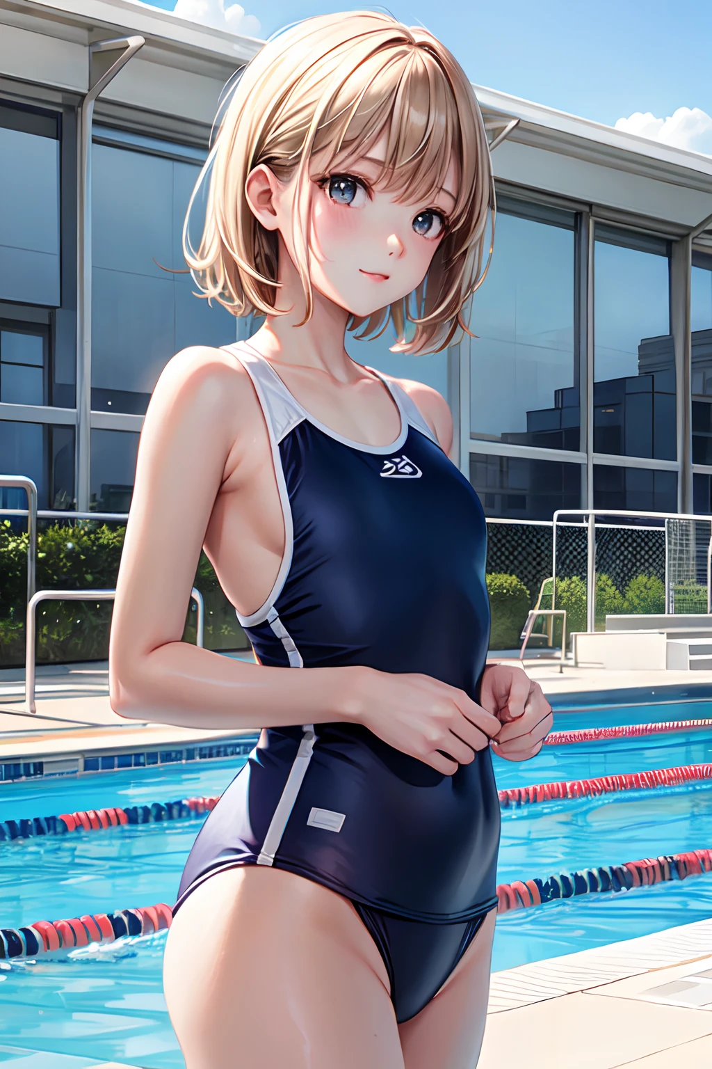 lighting like a movie、top-quality、school swimming pool、White School Swimsuit、夏天、small tits、Sheer 、