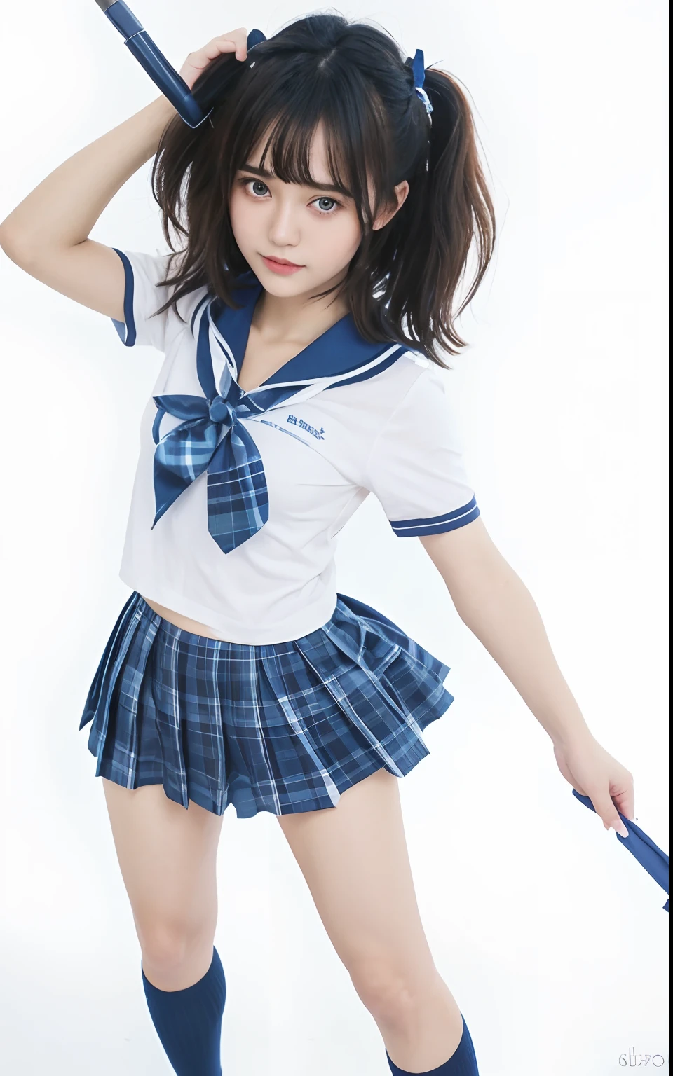 A girl, short hair style, cute girl, beautiful face, white and blue sailor school, blue tie, blue plaid short skirt, glowing thigh, shoes with black long socks, hyperrealistic
