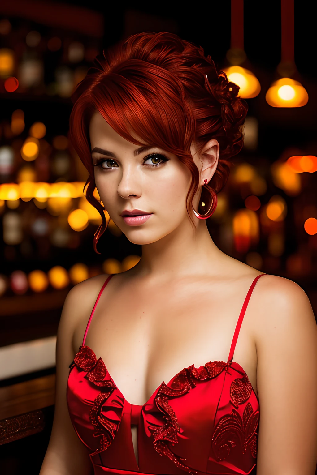 portrait photo of KariSweets, beautiful woman short red hair updo upsweep nightclub sitting at bar (masterpiece) (best quality) (detailed) (8k) (HDR) (wallpaper) (cinematic lighting) (sharp focus) (intricate)
