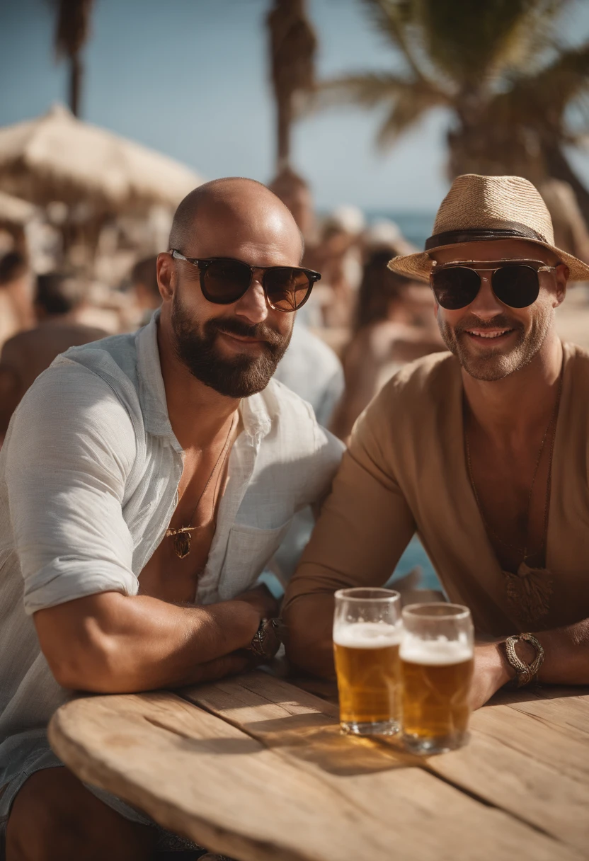 There are two men sitting at a table with glasses of beer, Mucha e Artem Demura, dois homens bonitos, no pub, imagem de perfil, Em uma festa na praia em Ibiza, Vitaly Bulgarov e Mike Nash, Em um bar Tiki, peixes no fundo, foto de perfil, Barabas Miklos e Hollosy Simon, barra em segundo plano