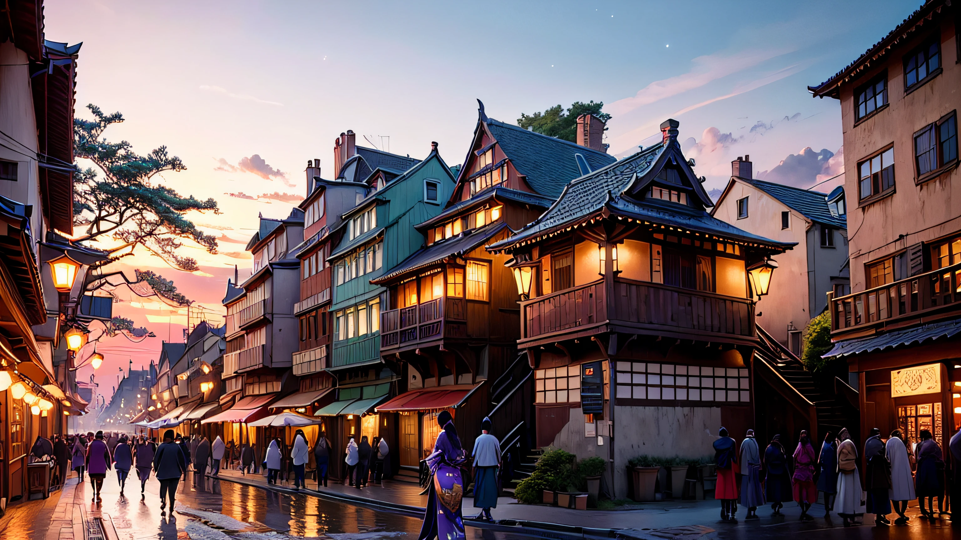 As the sun sets on a bustling metropolis, transport yourself to an urban historical city frozen in time. Streets adorned with traditional lanterns come to life, casting a warm glow on the cobblestone paths below. Elegant geisha can be seen strolling through the streets, their colorful kimonos blending seamlessly with the serene twilight backdrop. In the distance, a majestic castle perched on a hill overlooks the city, its silhouette adding a touch of mystique. The sky is painted in hues of purple and blue, with a scattering of twinkling stars beginning to emerge. This breathtaking scene captures the enchanting beauty of a historical city at twilight, inviting you to immerse yourself in its charm.
