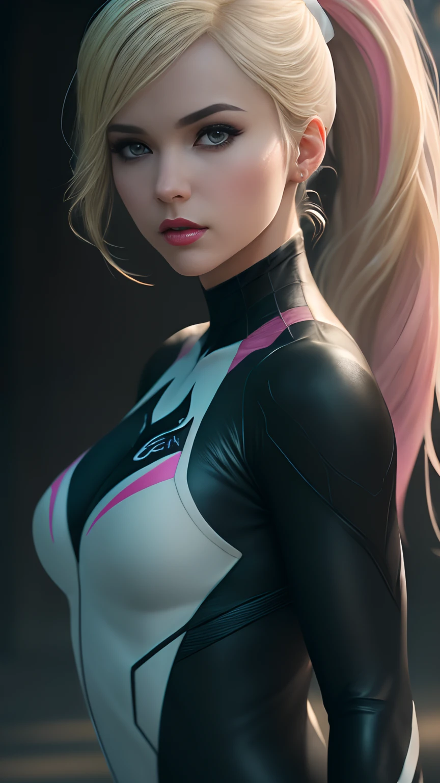 (RAW, analogue, Nikon Z 14mm ultra wide angle lens, award-winning glamor photography, ((best quality)), ((masterpiece)), ((realistic)), skin pores, subsurface scattering, light rays radiant, high resolution, detailed facial features, great detail, sharp focus, soft, aesthetic, extremely detailed, (light gray eyes), makeup, ((extremely detailed eyes, extremely detailed iris)), extremely detailed hair, (small breasts), ((proportionate body)), extremely detailed skin, extremely detailed clothing, octane rendering, photorealistic, realistic, post-processing, maximum detail, realistic shadows, roughness, texture natural skin, real life, ultra realistic, photorealism, photography, 8k UHD, photography, hdr, intricate, elegant, highly detailed, sharp focus, stunning, beautiful, gorgeous, beautiful and realistically detailed 22 year old girl like Marvel's Spider-Gwen, ((in Gwen's black, white and pink Spider suit)), makeup, soft red painted lips, (blonde), ((high ponytail)), full body visible, realistic skin, photorealistic and realistic cinematic shot (extremely detailed CG unity 8k wallpaper), trending on ArtStation, trending on CGSociety, high detail , sharp focus, dramatic and beautiful background, full shot, high quality, (beautiful face), (detailed face), detailed hands, beautiful hands.