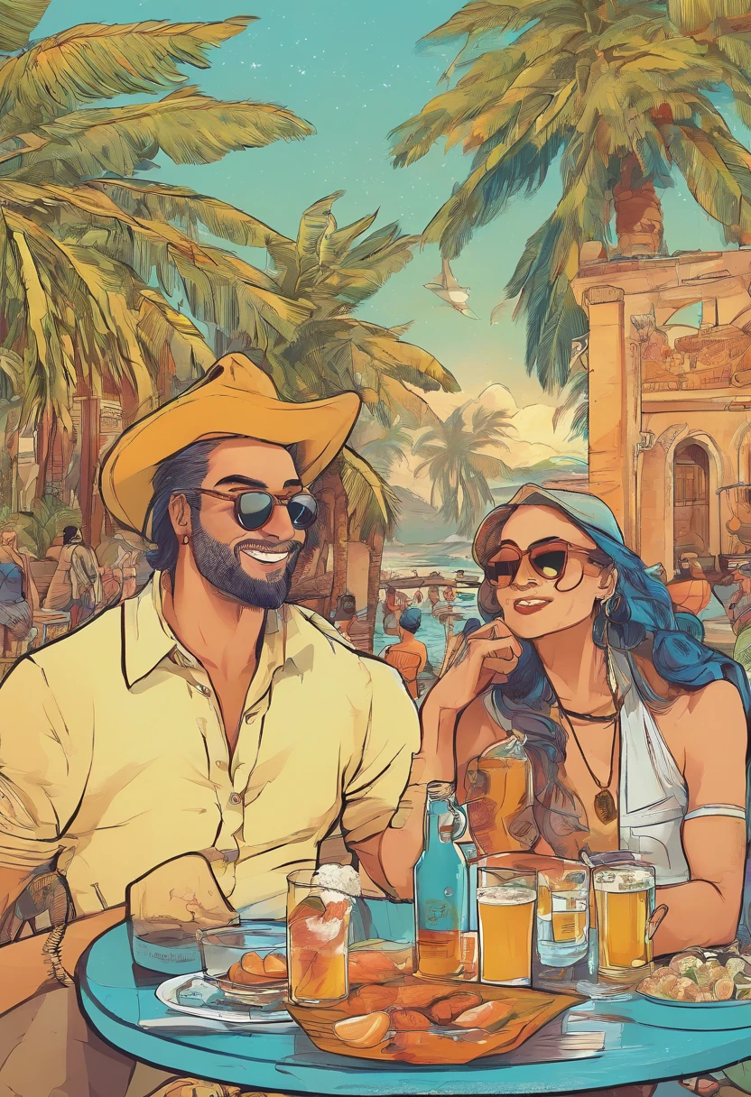 There are two men sitting at a table with glasses of beer, Mucha e Artem Demura, dois homens bonitos, no pub, imagem de perfil, Em uma festa na praia em Ibiza, Vitaly Bulgarov e Mike Nash, Em um bar Tiki, peixes no fundo, foto de perfil, Barabas Miklos e Hollosy Simon, barra em segundo plano