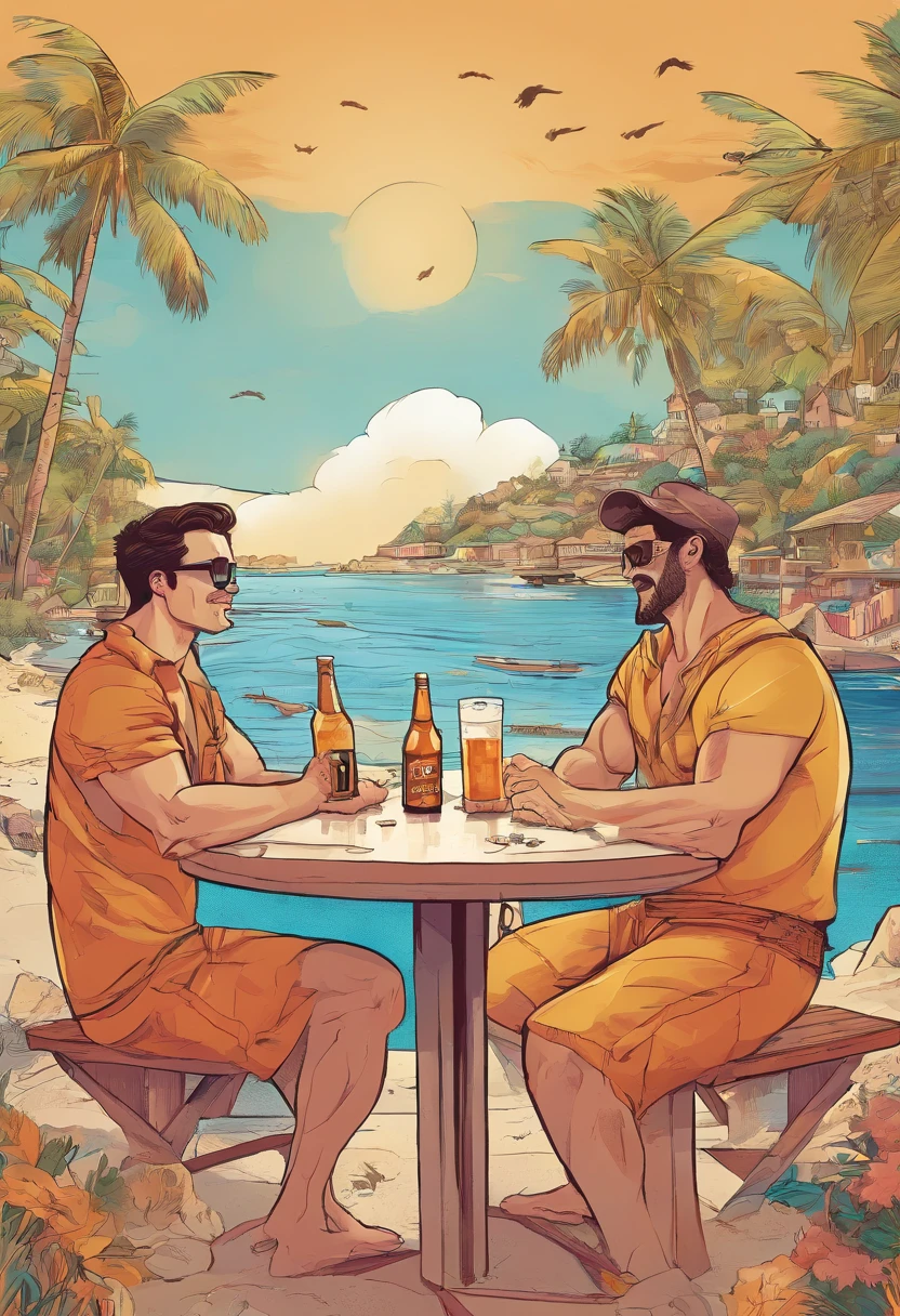 a naked men with flaccid penis sitting on bench in front of wooden table in a beach bar, holding a glass of liquid, beach party, palm trees and ocean in the background muscular, award-winning concept art, deviantart, artstation, 8K, natural lighting.