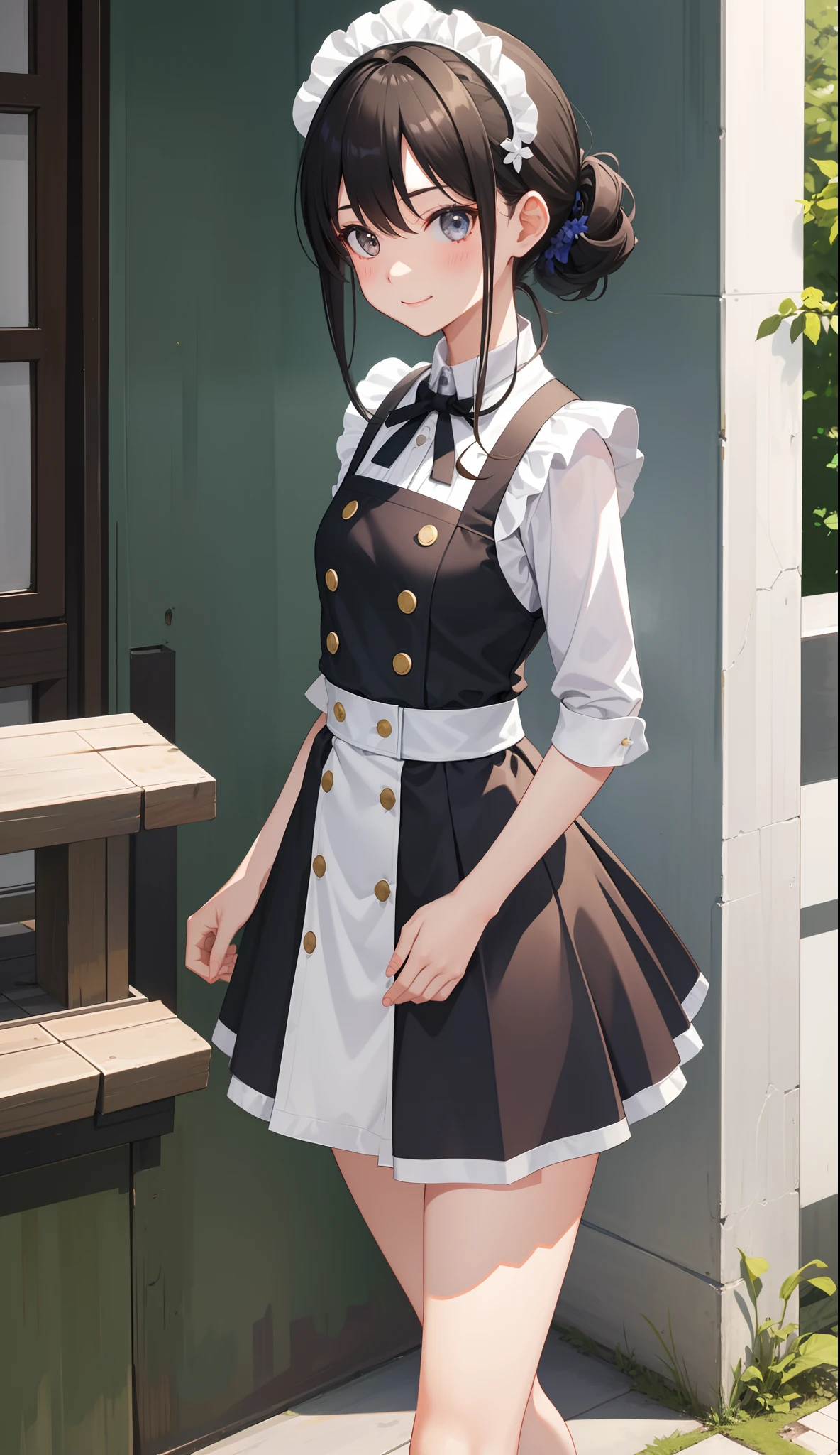 1girl in、AS-Adult、A smile、The shirt、Ultra mini skirt、pantiy、（small tits）、doress、pinafore、Hair decoration、（Maid costume）、Walking with a thigh、Upper body portrait、