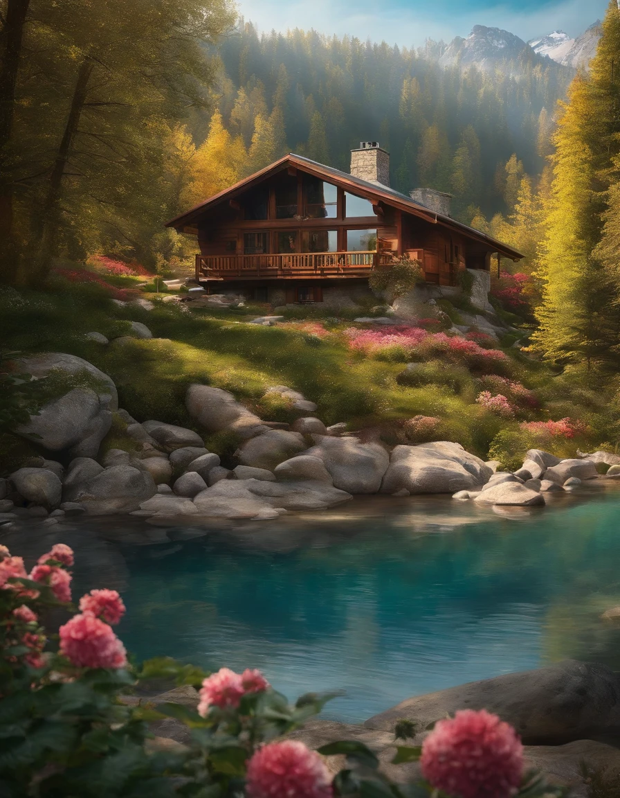 Chalet in the mountains,big breasts beautiful,laid back,There are one floors,There was a sofa,furniture,k hd,high-definition picture quality,Tremendously beautiful,rays of sunshine,the trees,the woods,naturey,Flowers,pools of water,style of anime,Miyazaki painting style,Jeepley style