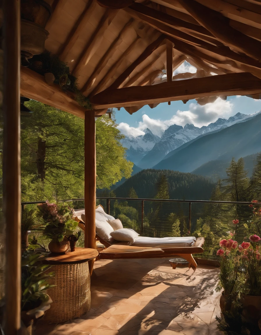Chalet in the mountains,big breasts beautiful,laid back,There are one floors,There was a sofa,furniture,k hd,high-definition picture quality,Tremendously beautiful,rays of sunshine,the trees,the woods,naturey,Flowers,pools of water,style of anime,Miyazaki painting style,Jeepley style