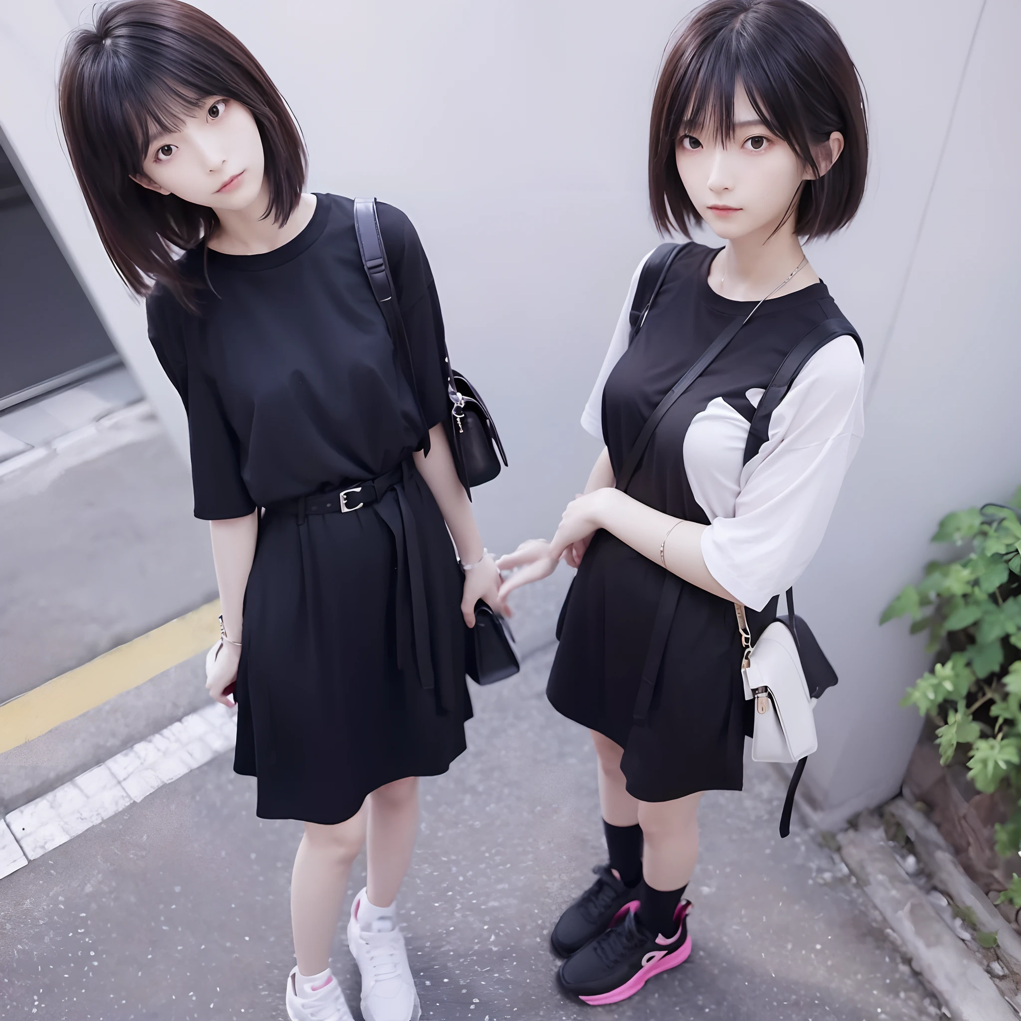 At an art gallery in Tokyo, A slender, tall, Intelligent young Japan woman with long bangs hair in a full body black dress; Next to her is、A human-sized frog wearing Gucci trainers stands; Standing between them is、I'm a smiling -yeld wo who took a shortcut...., Bright pink t-shirt with deep brown bangs、Keep the entire screen at an angle、Align the view from the right side of the screen, taking selfie., 8K