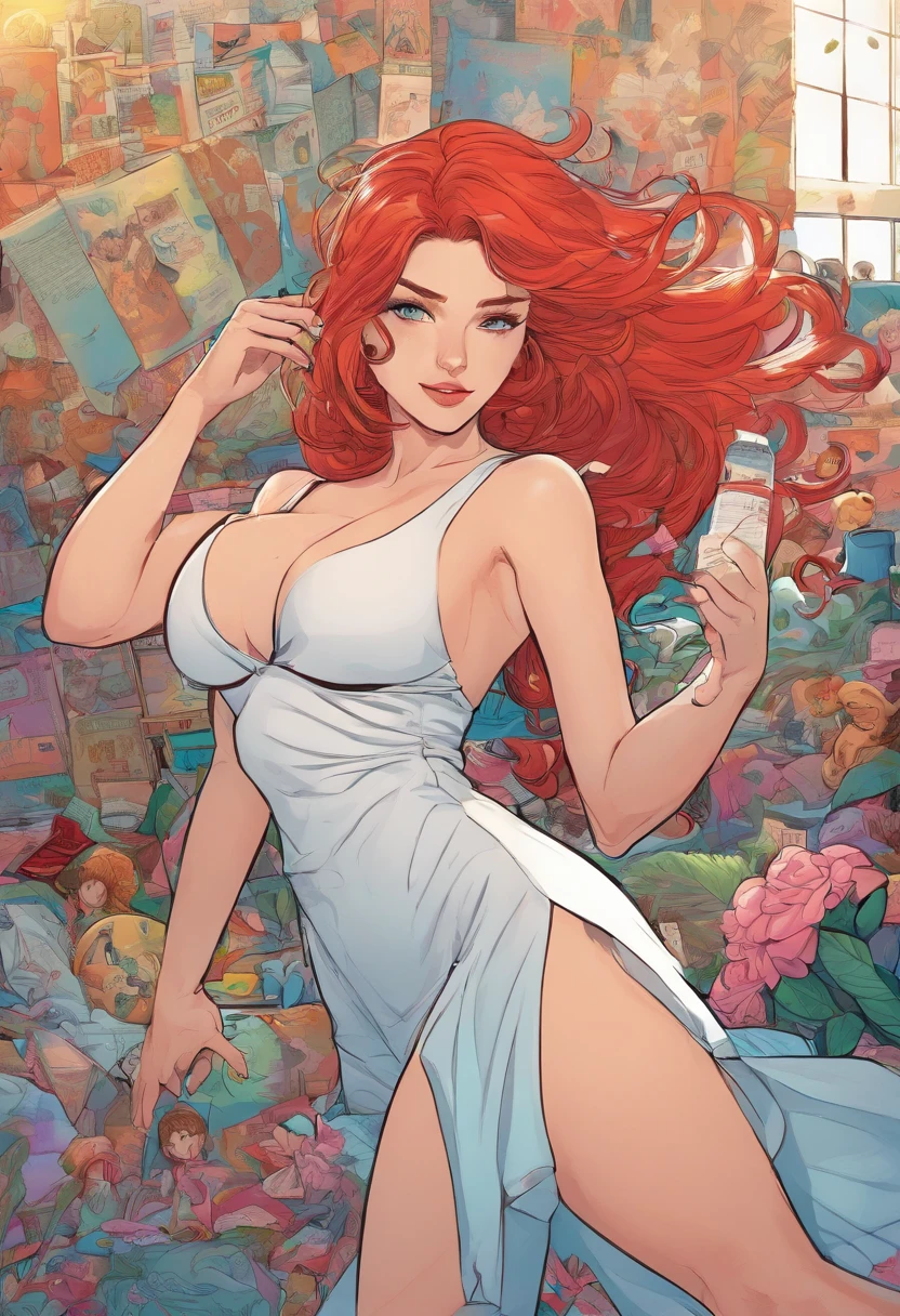 naked woman, anime style, big tits, big ass, big thighs, curvy girl, sexy curves straight hair, red hair, white skin, fucking with her boyfriend, her boyfriend fucks her in her vagina, the girl in missionary pose in her room, white room, black bed, NSFW, her boyfriend fucks her, the girl moans, at night, sweating, excited,