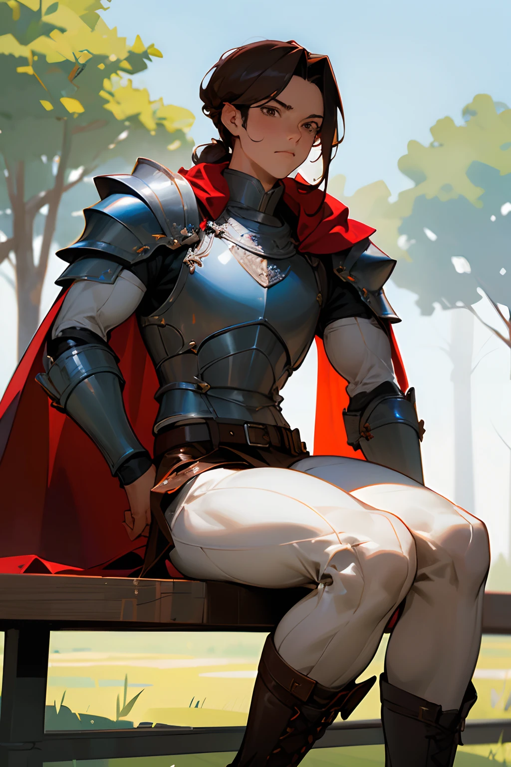Masterpiece, ultra-high quality, very detailed, trending on ArtStation, 1man, (effeminate), long hair, (brown hair), ((chignon haircut)), looking at viewer, (head tilted slightly upwards), extremely detailed eyes, (brown eyes), blushing slightly, sad, detailed nose, wearing cape, (red cape), silver knight plate armor, wearing dark brown leather leggings, (groin bulge), ((muscular thighs)), (((detailed leg muscles))), simple black leather laced boots, belt and buckles on waist, actor sitting on a wooden bench, sword resting on wooden bench, town square on background, trees on background, blue sky on background, white clouds on background, birds in the distance, sunny ambiance, ambiance light