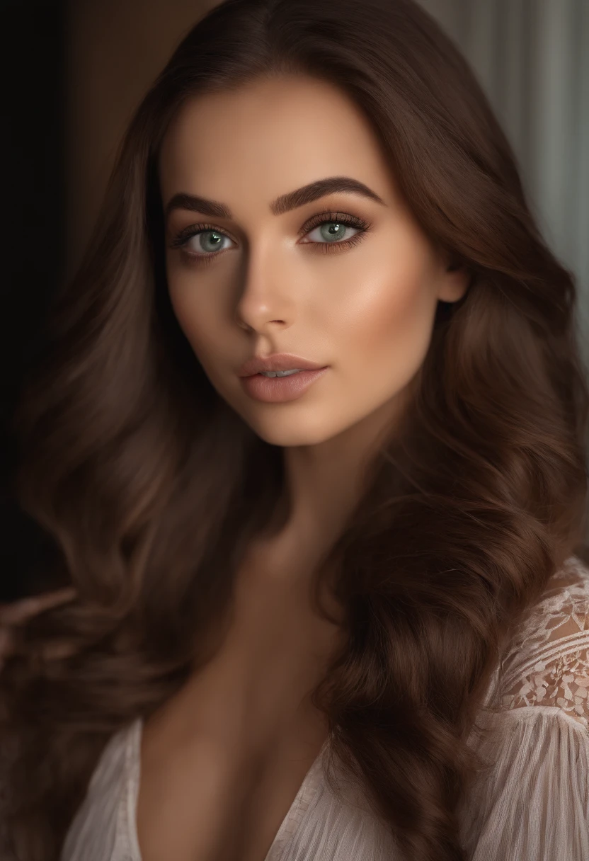 arafed woman fully , sexy girl with green eyes, ultra realistic, meticulously detailed, portrait sophie mudd, brown hair and large eyes, selfie of a young woman, dubai eyes, violet myers, without makeup, natural makeup, looking directly at the camera, face with artgram, subtle makeup, in a club, medium to large size bust