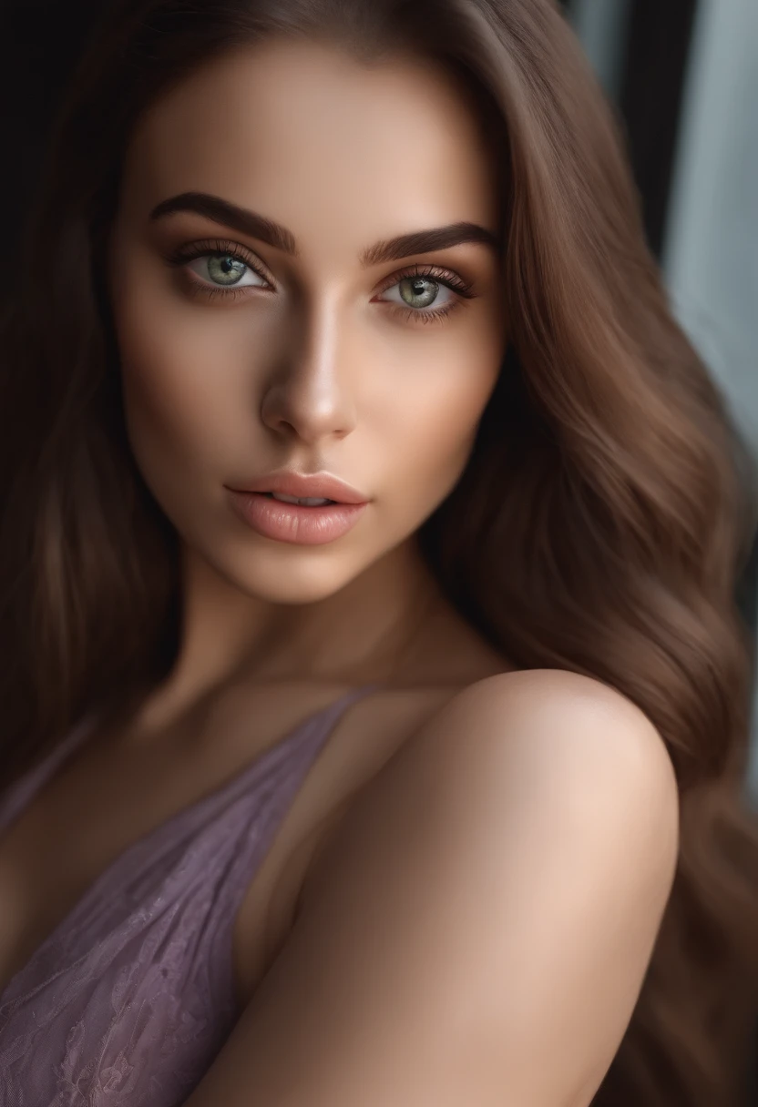 arafed woman fully , sexy girl with green eyes, ultra realistic, meticulously detailed, portrait sophie mudd, brown hair and large eyes, selfie of a young woman, dubai eyes, violet myers, without makeup, natural makeup, looking directly at the camera, face with artgram, subtle makeup, in a club, medium to large size bust