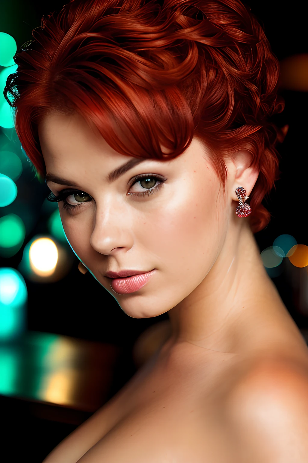 portrait photo of KariSweets, beautiful woman short red hair updo upsweep nightclub sitting at bar (masterpiece) (best quality) (detailed) (8k) (HDR) (wallpaper) (cinematic lighting) (sharp focus) (intricate)
