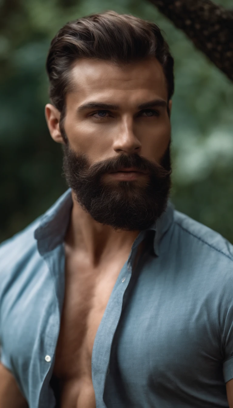 (the best quality,8k,Realstic),bel homme,Barbe abondante,macho,yeux bleus,cheveux bruns,bons muscles,corps entier,sur la chemise
