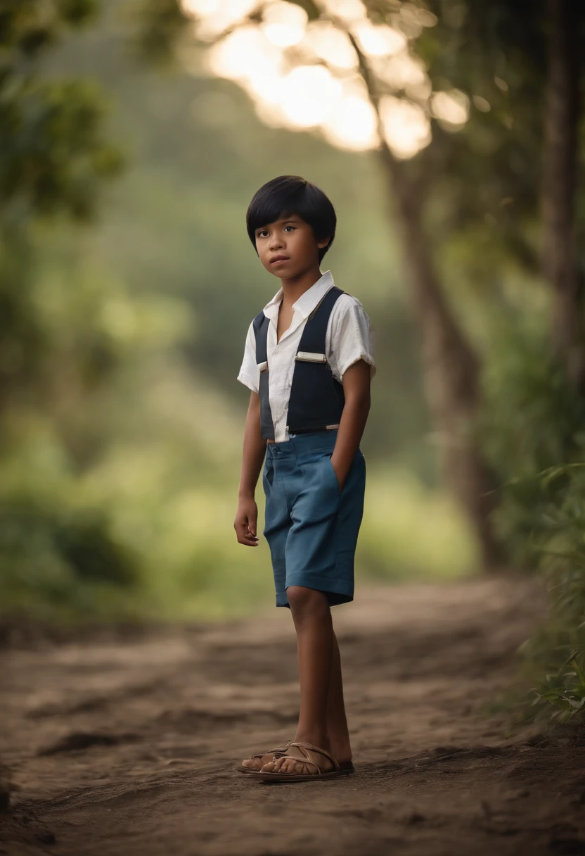 Movie image quality, animation, disney,  indonesian. boy with black Bob haircut, suspenders, blue shorts, white woven shirt