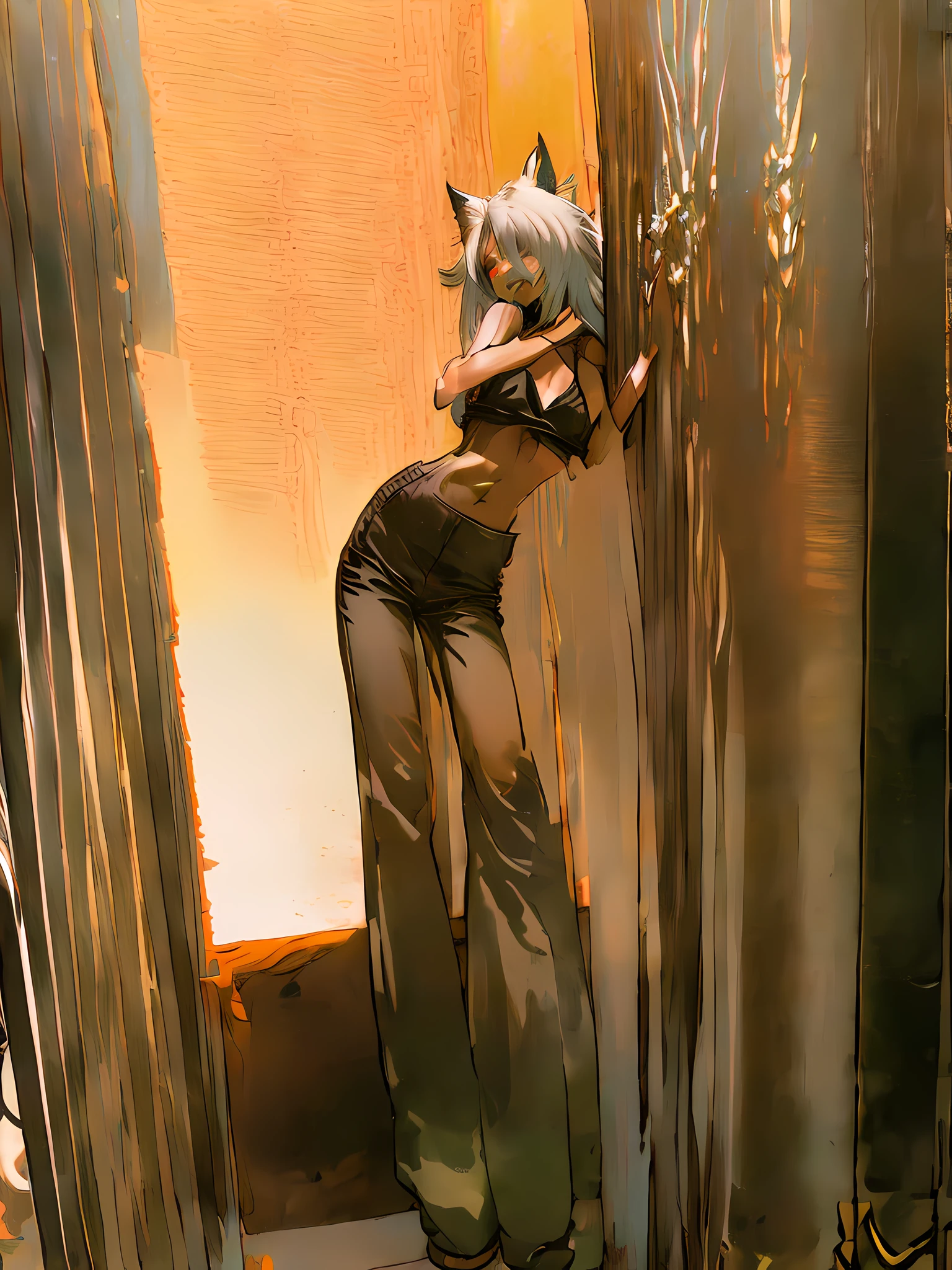 1girl, long white hair, red eyes, wearing black sport bra, baggy black pants, winter background, absurdres, highres, ultrasharp, 8k, masterpiece, looking at viewer, sexy, alluring, erotic, nsfw, wink, teeth showing, smile, tongue hanging, tall, golden body proportion, loose clothing,