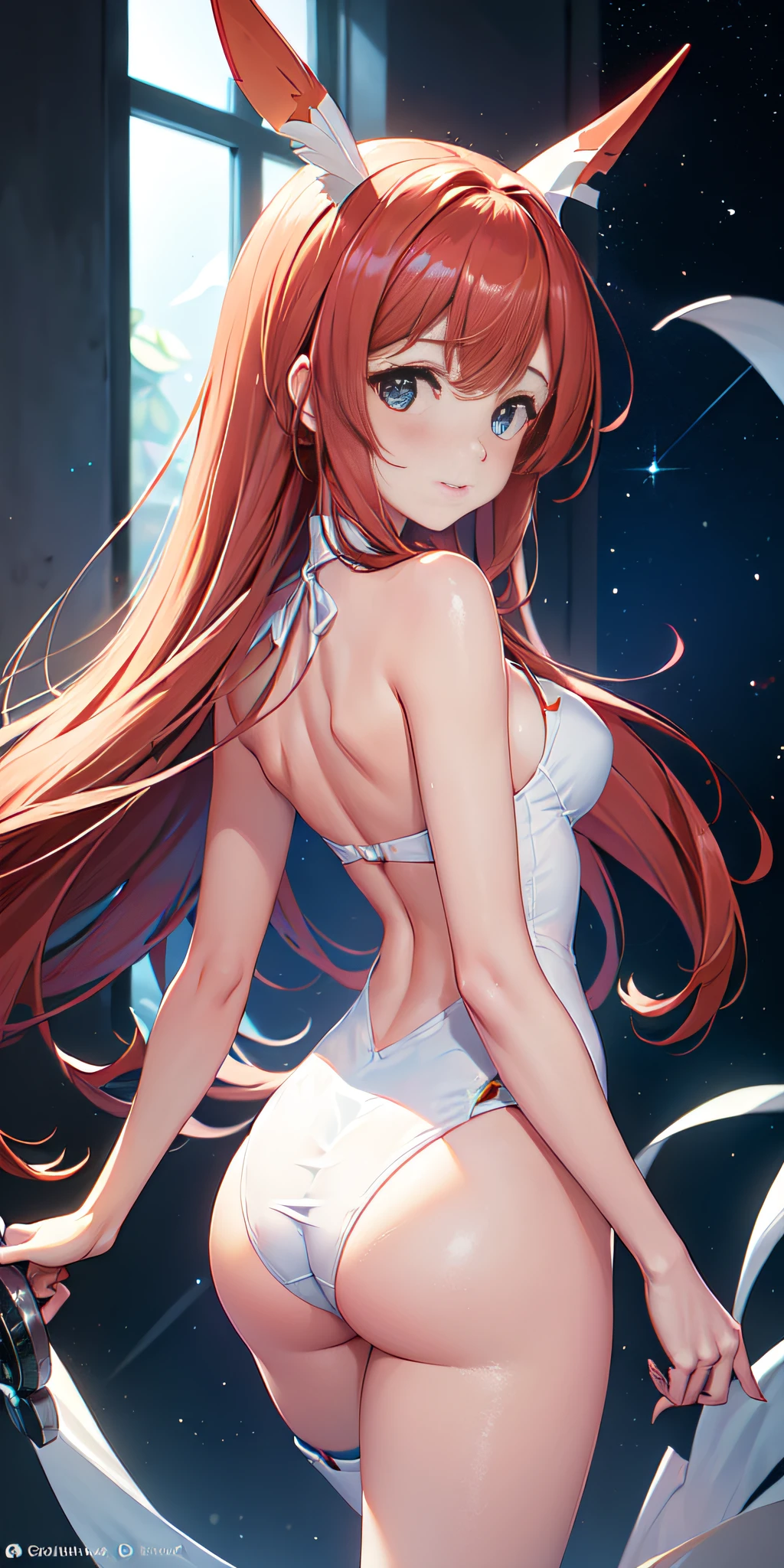 (Vista superior), Dynamic Angle, ultra detallado, illustration, primer plano, llano, 1 chica en, ((Darlinginthefranxx: cero dos, cero dos, cuernos rojos largos, Auriculares jack, Medias rosas: 1.4, cabello rosado)), His eyes shine like dreamy stars, (ojos brillantes: 1.233), (ojos hermosos y detallados: 1.1), (inexpresivo, boca cerrada), (En pie), (Mechanical room with tools and spacecraft windows in white mech), Tsuruwanglan en el fondo, (noche: 1.2), Dreamy, [Dedos y manos delgados: 0.55]::0.85], (Dedos de detalle)