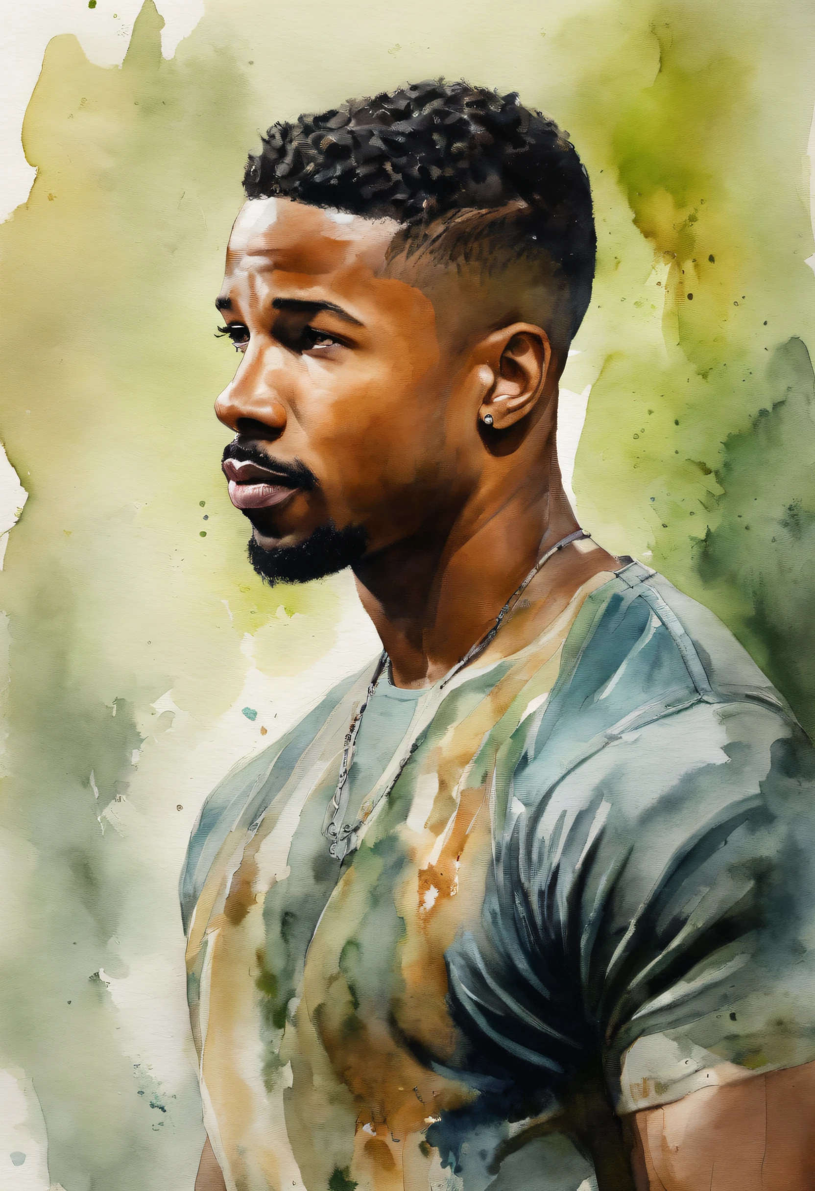 Michael b Jordan pelado sem roupas, músculoso,deitado sobre a grama verde.