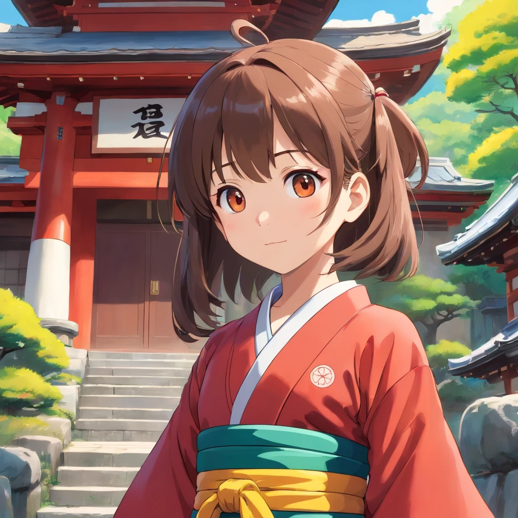 7 Japanese girl, Long hair, Front view, full bodyesbian, Set against a Japanese temple, com arvores, rios, A very beautiful sunny day. The little gll be wearing a red kimono, shot from a far distance,full bodyesbian,Barefoot